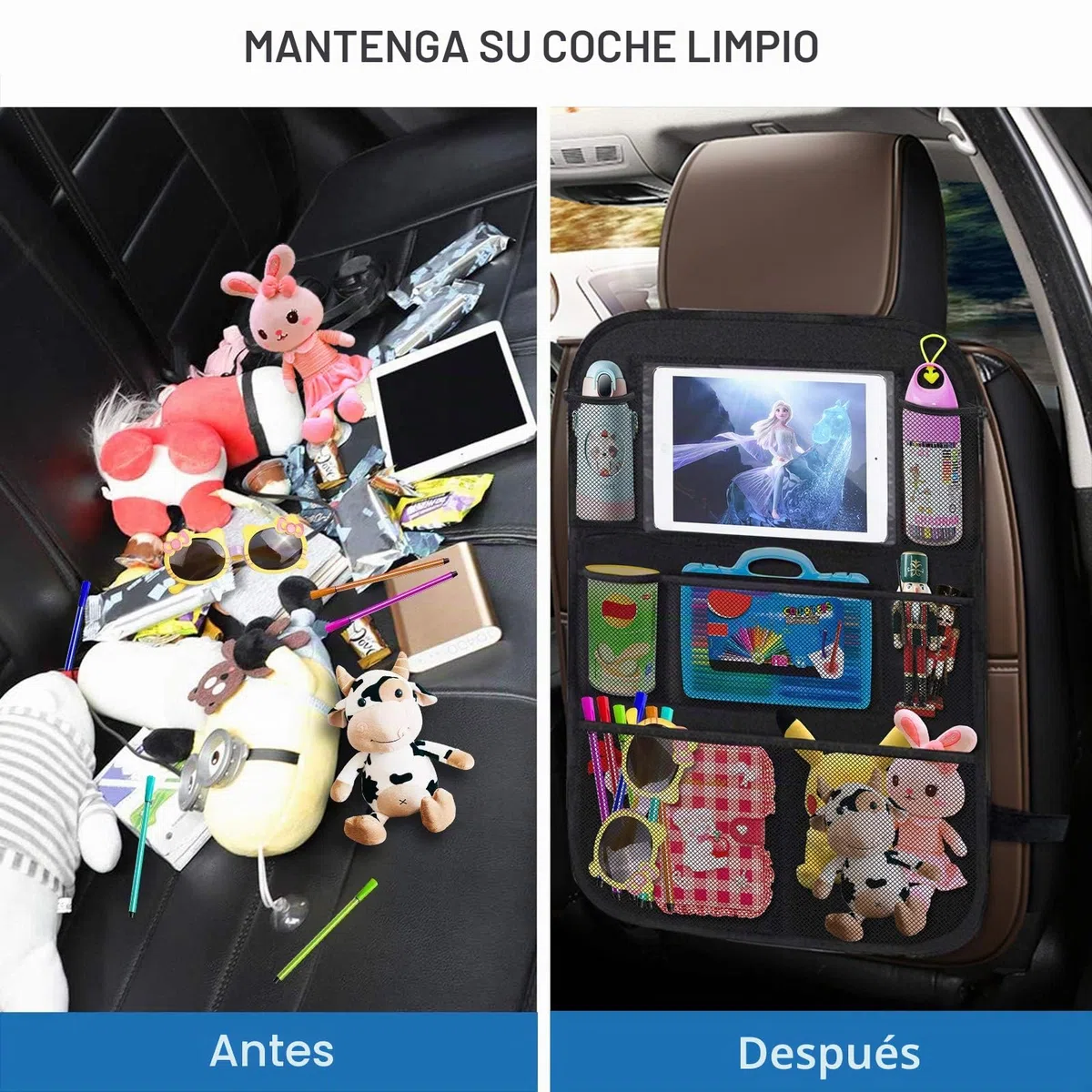 Organizador para Coche, 2 PCS Protector de Asiento Niños (8 Bolsillos), Impermeable Organizadores para Coche Kick Mat, Universal Multi-Bolsillo Protector Trasero con Sorporte para iPad Tablet