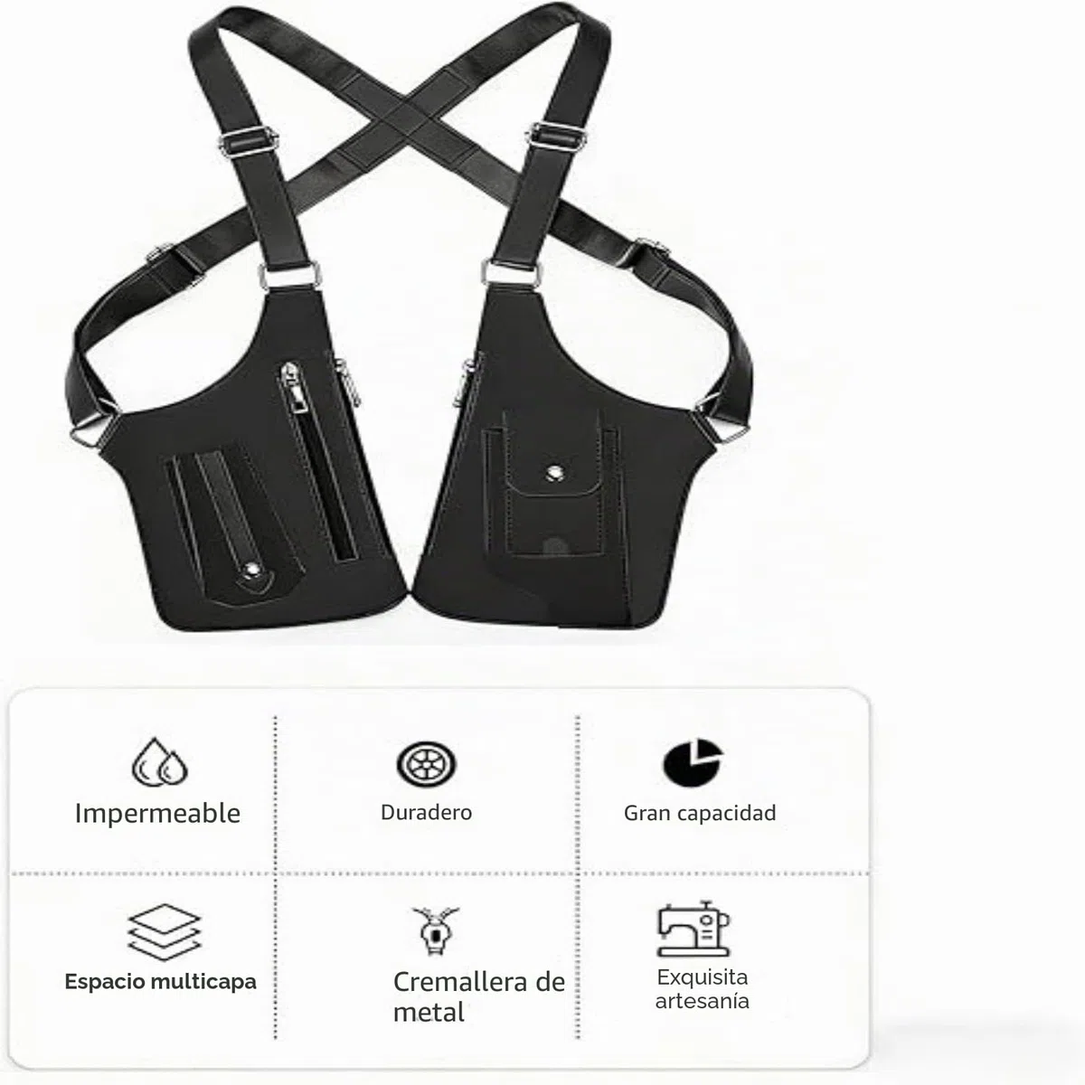 Bolso bandolera hombre de cuero sintético – sling bag multifuncional con doble hombro oculto y diseño antirrobo. Correa ajustable, múltiples compartimentos, ideal para viajes, deporte y uso diario