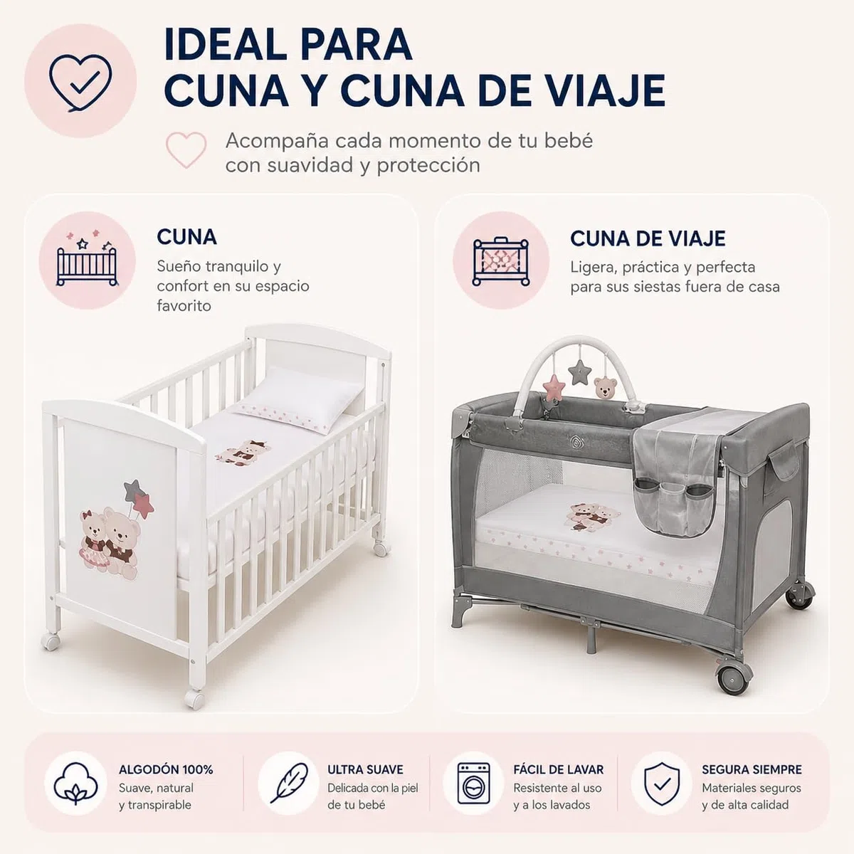 Danielstore Sabanas Cuna 60x120 100% Algodon Set 3 Piezas con Sabana Bajera Transpirable Ajustable Lavable + Funda Almohada Suave Pack para Descanso de Bebes y Recien Nacidos Volamos Baby Rosa
