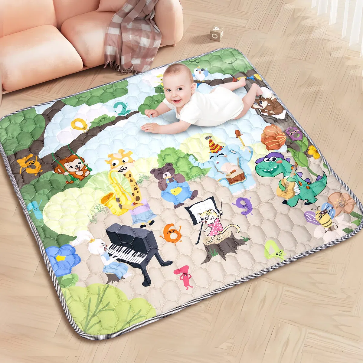 Alfombra Bebe Acolchada Plegable - Impermeable 127x127cm Tapete de Actividades, Colchoneta Suelo Niños Jugar en Casa, Antideslizante Manta Juegos para Niños y Niñas (Animales & Numeros)