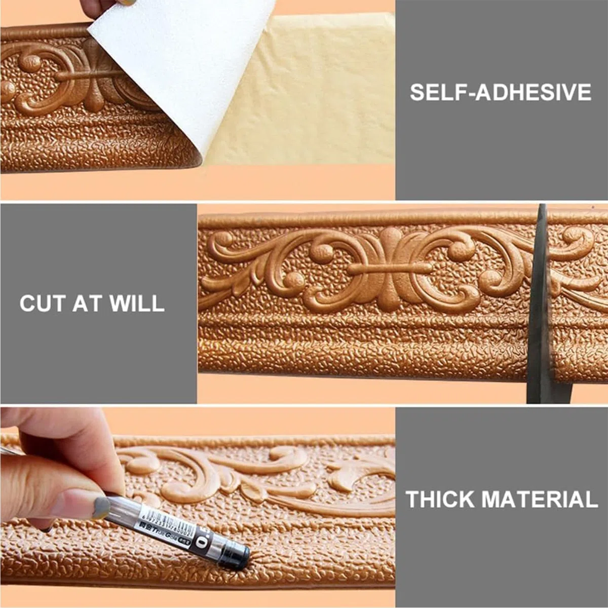 Cenefa autoadhesiva de 10 m x 8 cm x 4 mm, 3D, diseño simétrico, cenefa de pared, anticolisiones, azulejos, borde, rollo para esquinas y líneas (blanco)