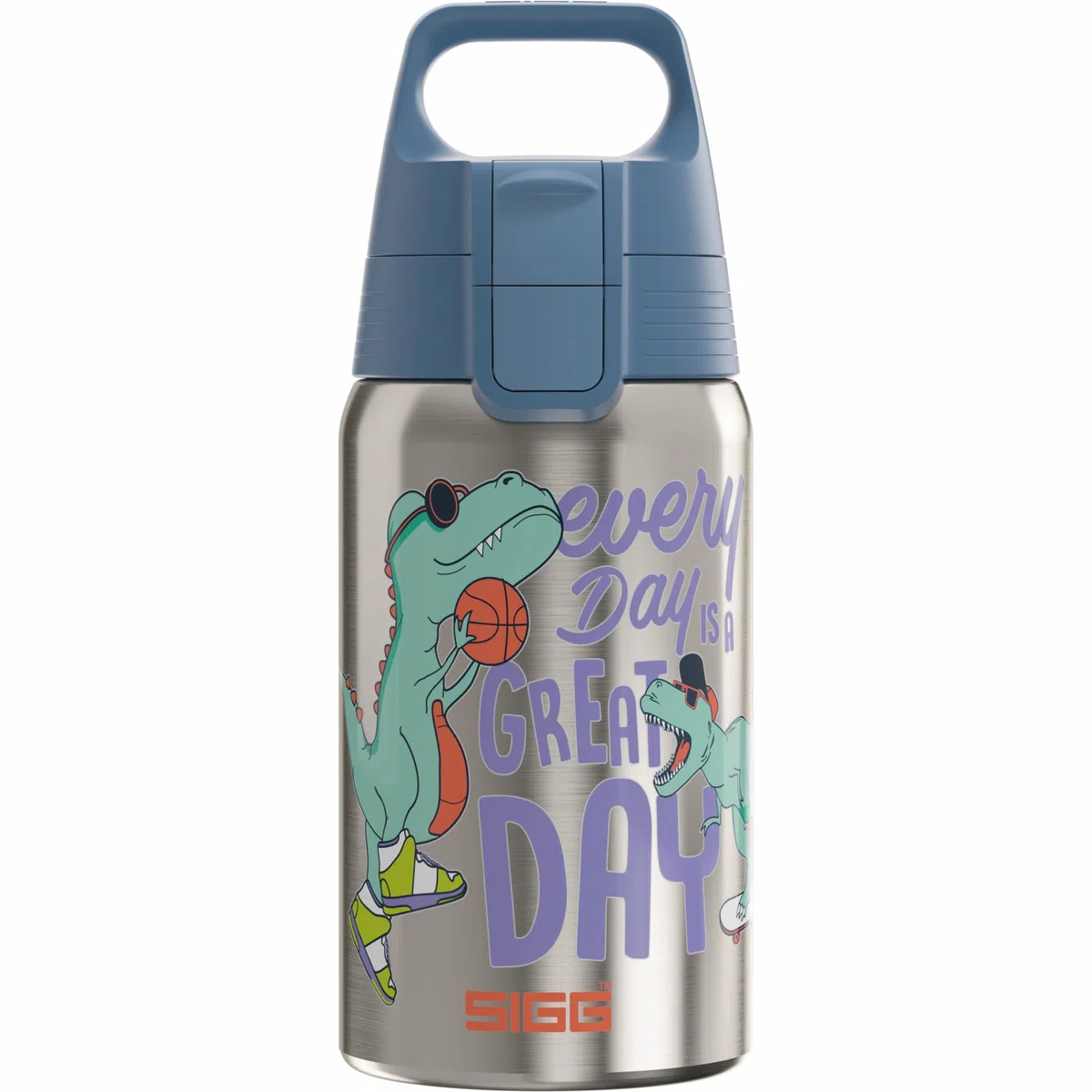 Sigg - Stainless Steel Kids Water Bottle - Shield Great Day - Suitable for Carbonated Beverages - Leakproof - Lightweight - BPA Free - Brushed with Dino - 0.5L