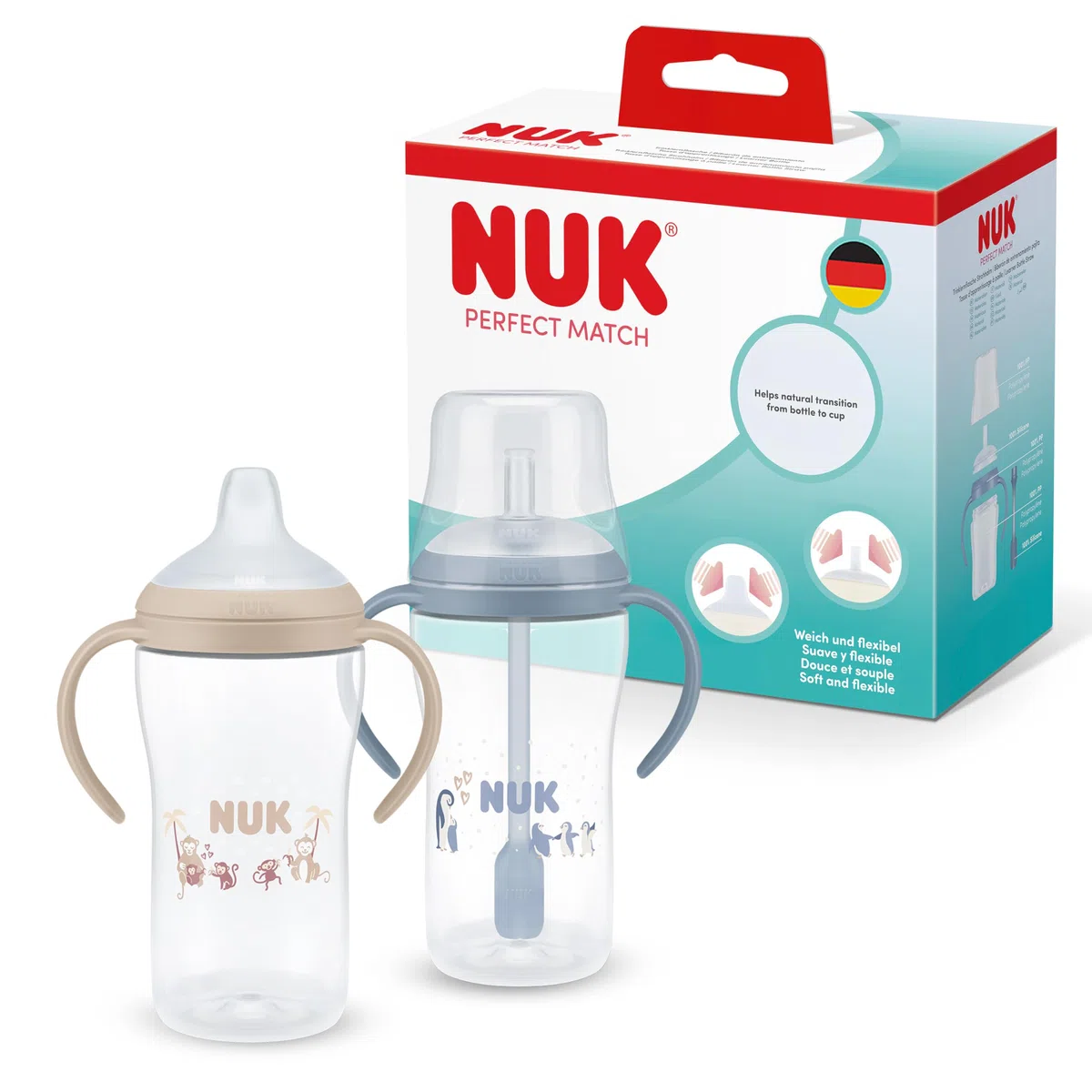 NUK Perfect Match Vaso Aprendizaje Bebe | 6+ meses | 260 ml | Vaso antiderrame bebe con pajita | Asas antideslizantes | Azul | 2 unidades