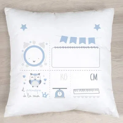 Verimpressió Cojín personalizado para recién nacido con datos de nacimiento 40x40cm | Relleno incluido | Fabricado en España (Azul)