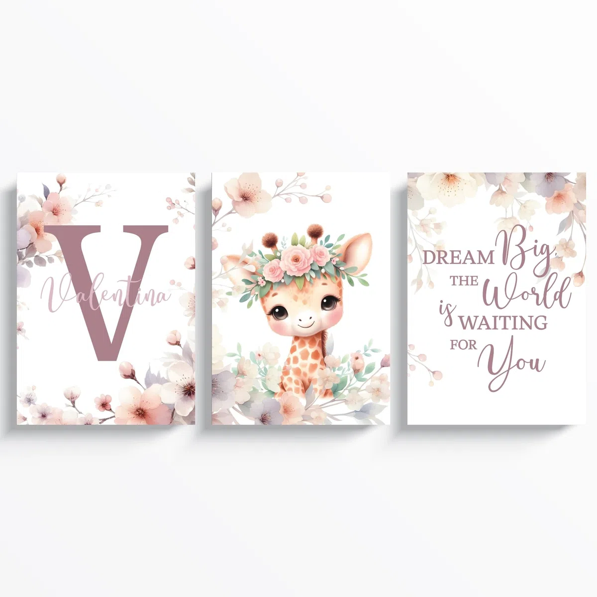 ayurvana Set 3 Láminas Infantiles Personalizadas Niña - Cuadros Animales Safari con Nombre e Inicial Flores - Decoración Habitación Bebé Regalo Nacimiento Bautizo Baby Shower (Sin Marco) A3