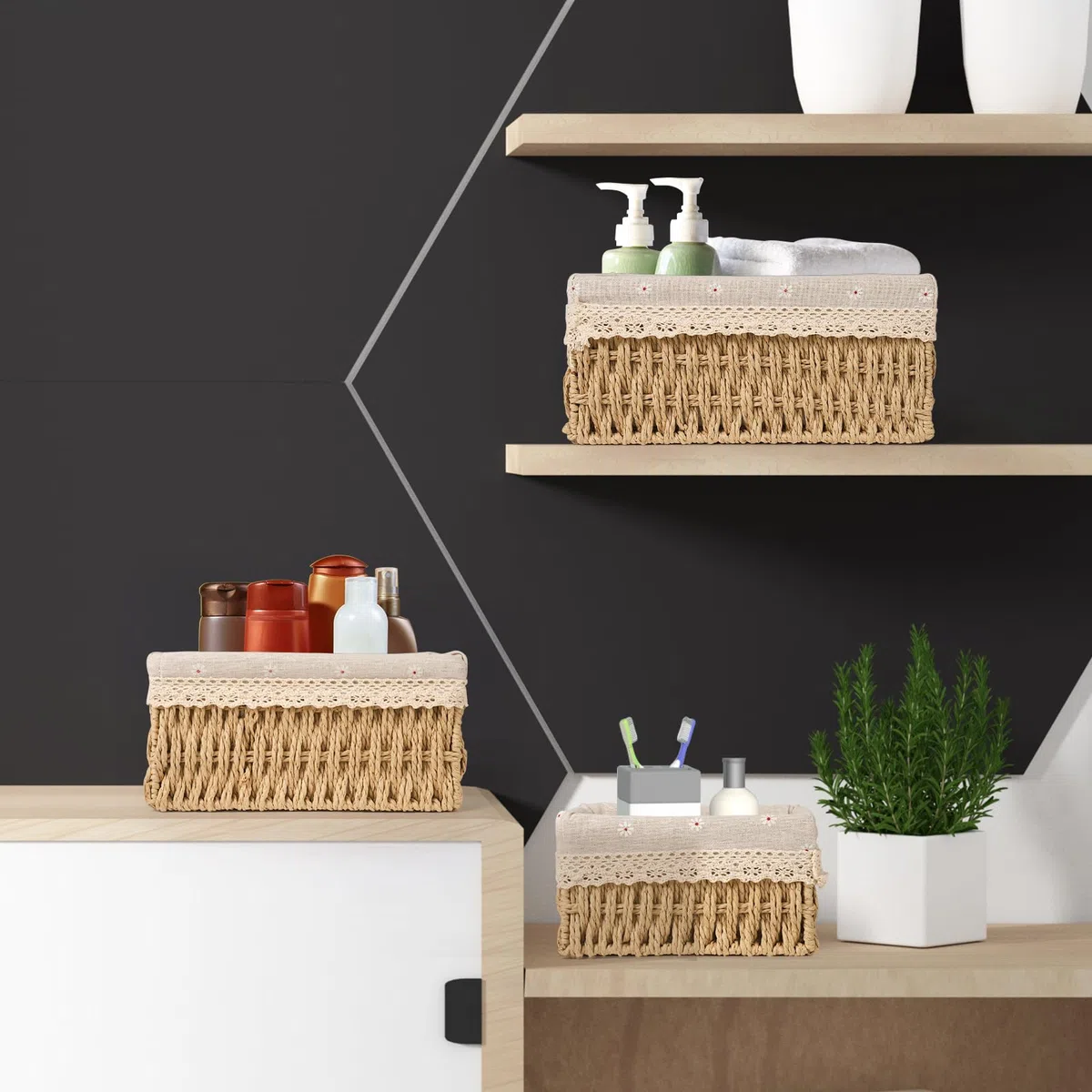 Czemo Cestas Almacenaje Cesta Tejida 3 Piezas cajas almacenaje cesta mimbre cesta decorativa para Bodas Cocinas canasta de juguetes Estantes oficinas mesa de comedor habitación infantil sala de estar
