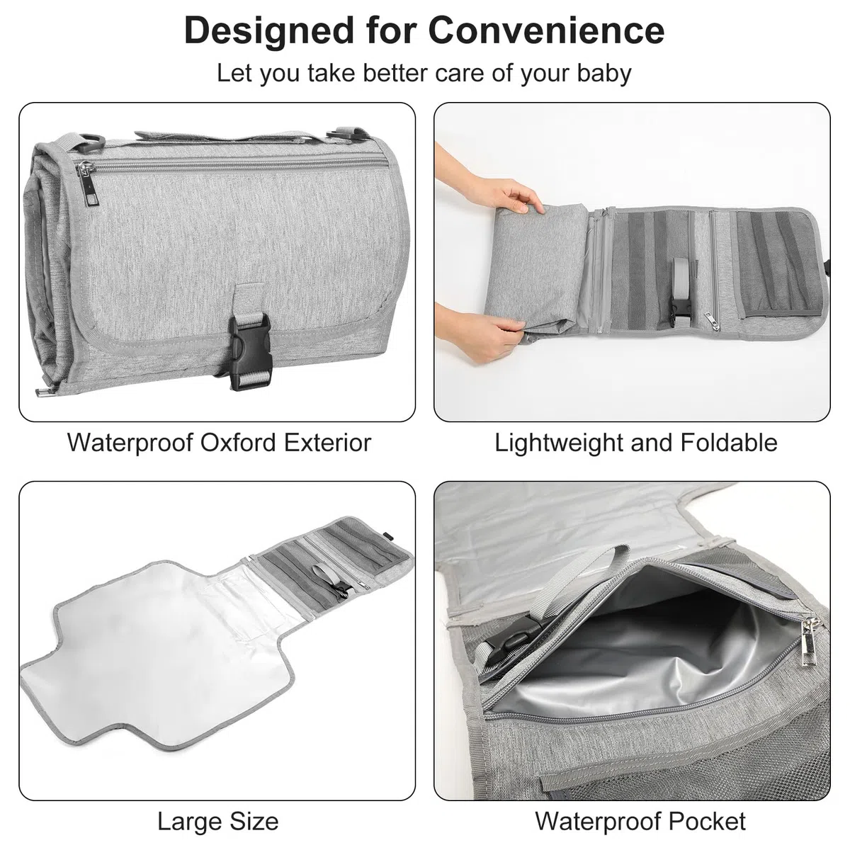 VINATO Cambiador Bebé Portátil, Cambiador Bebe Plegablee con Bolsillo Toallitas Húmedas, 70 x 56 cm, con 5 Bolsillos, Diseño Desmontable, Impermeable y Lavable para Viajes (Gris)