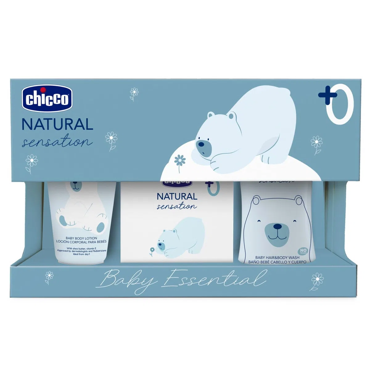 Chicco Set Cosmética Natural Sensation Essential, con Champú y Gel Sin Lágrimas 200 ml y Crema Corporal para niños 150 ml y Agua de Colonia 100 ml, Idea de Regalo Bebé