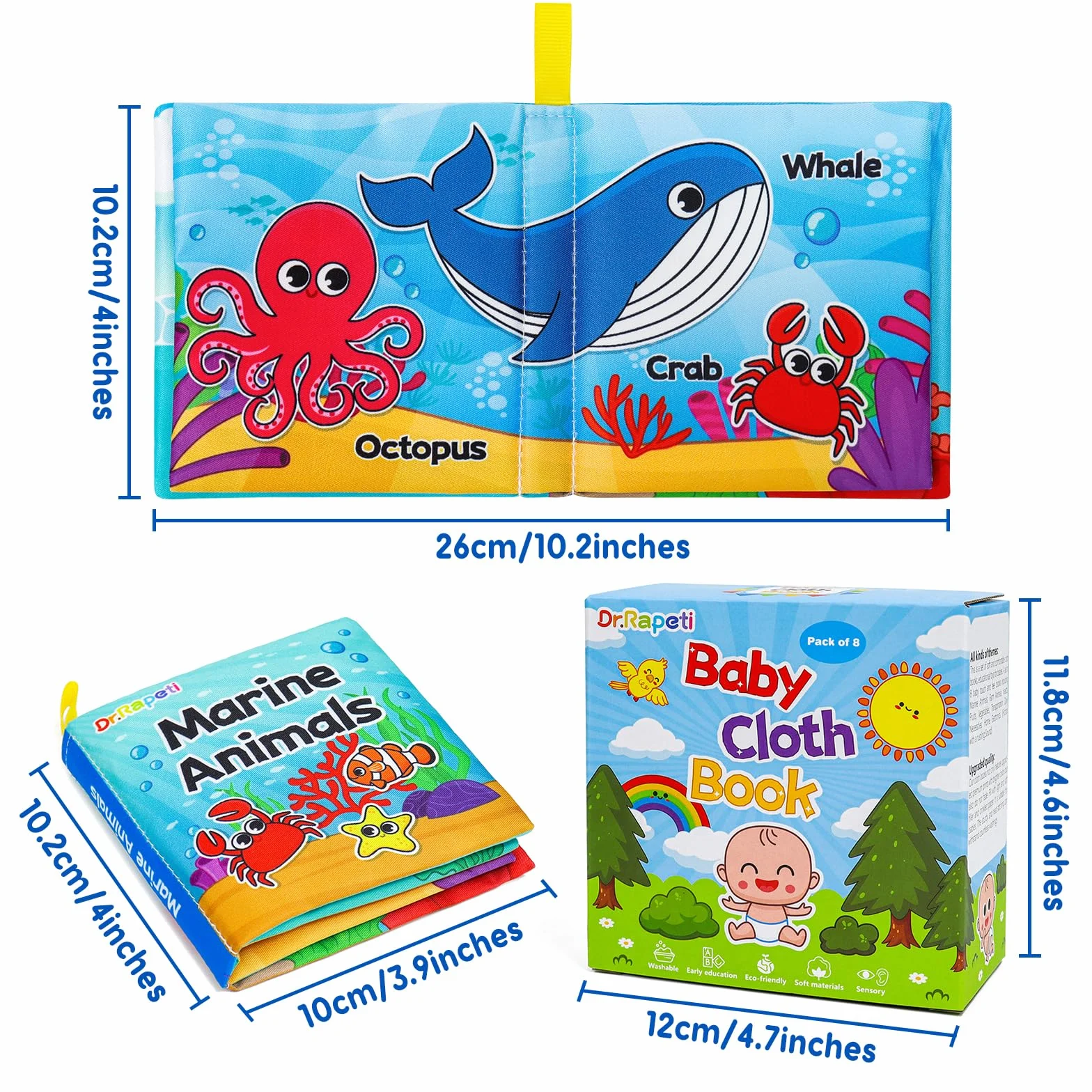 Dr.Rapeti 8 Piezas Libros Blandos para Bebé, Libro de Tela Suave, Libros de Tela Blandos para Bebé, Libros De Suave Sensoriales (Inglés)