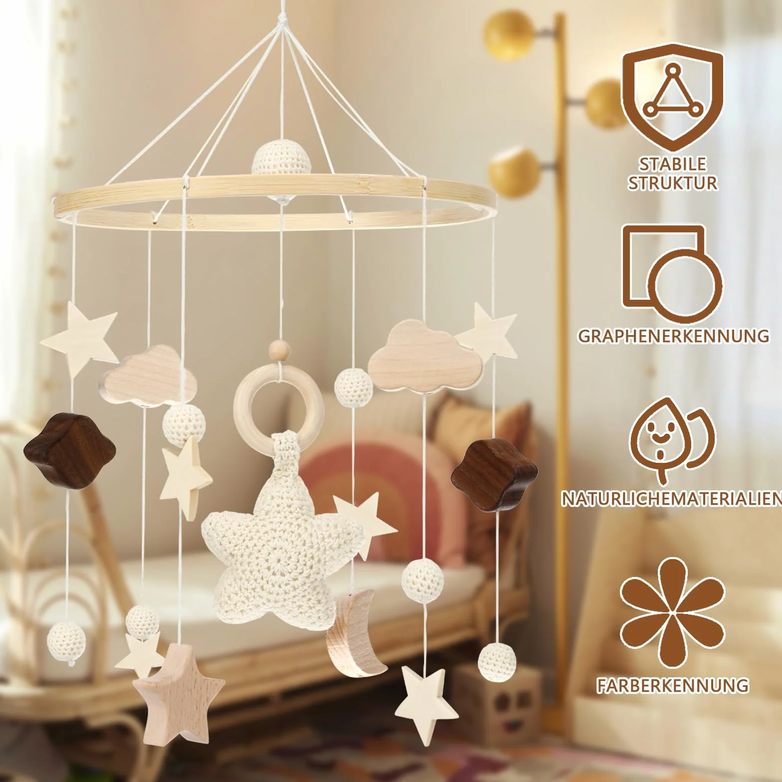 Litimkat cuna móvil para bebé, con adornos colgantes de estrellas, lunas y nubes de ganchillo, móvil para bebé para la cama, carillón de viento para bebé móvil de madera, regalo para bebés o niños(A)