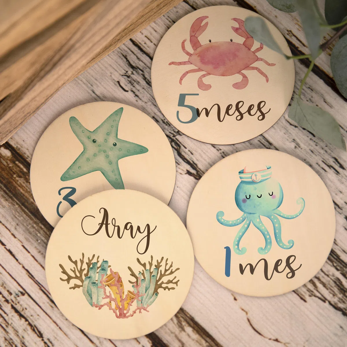 Placas cumple meses de nacimiento impresas en discos de madera personalizadas con nombre para regalo de bebes recien nacidos hitos mensuales de madera (Oceano Verde Agua)