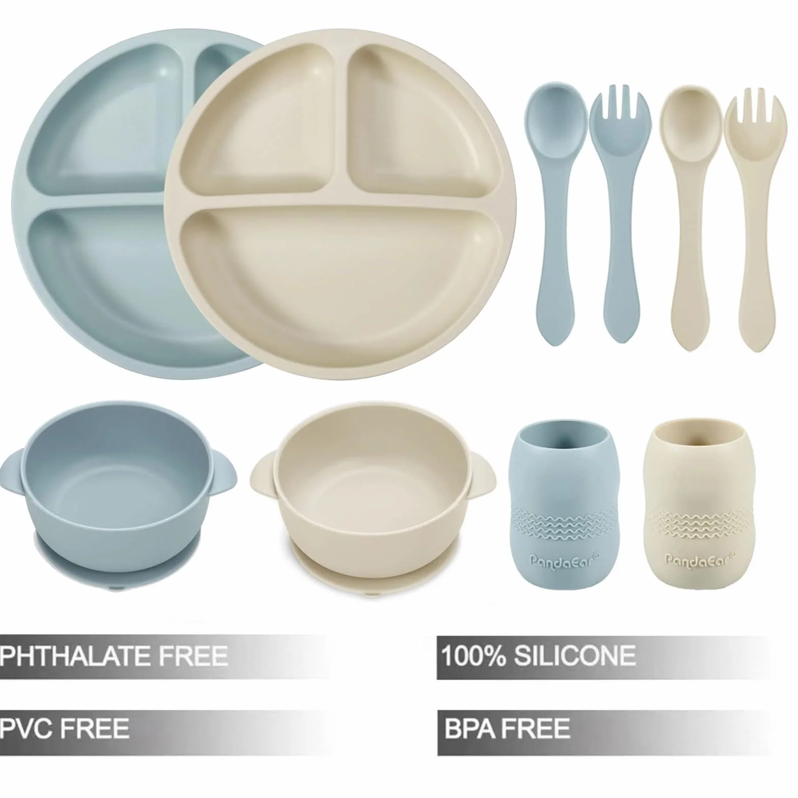 PandaEar Juego de Alimentación para Bebés de Silicona | 2 Platos con División y Succión + 2 Cuencos con Succión + 2 Tazas Pequeñas + 2 Cucharas + 2 Tenedores | Suministros para Bebés (Azul Blanco)