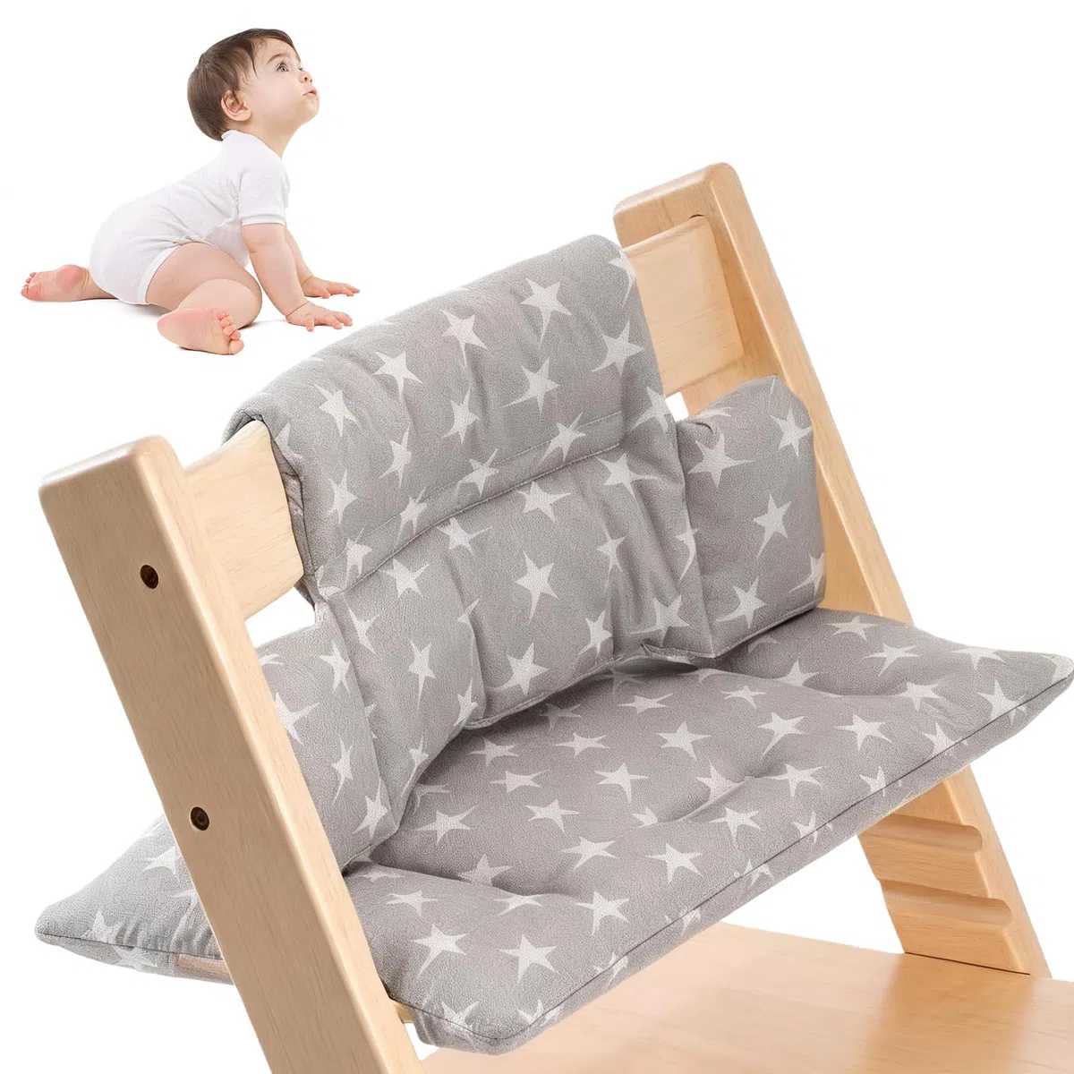 Cojín de asiento GOEDCH para trona Stokke Tripp Trapp: Cojín para trona Stokke Tripp Trapp con cierre de velcro suave y cojín de asiento extraíble de algodón orgánico suave (gris, pentagrama).