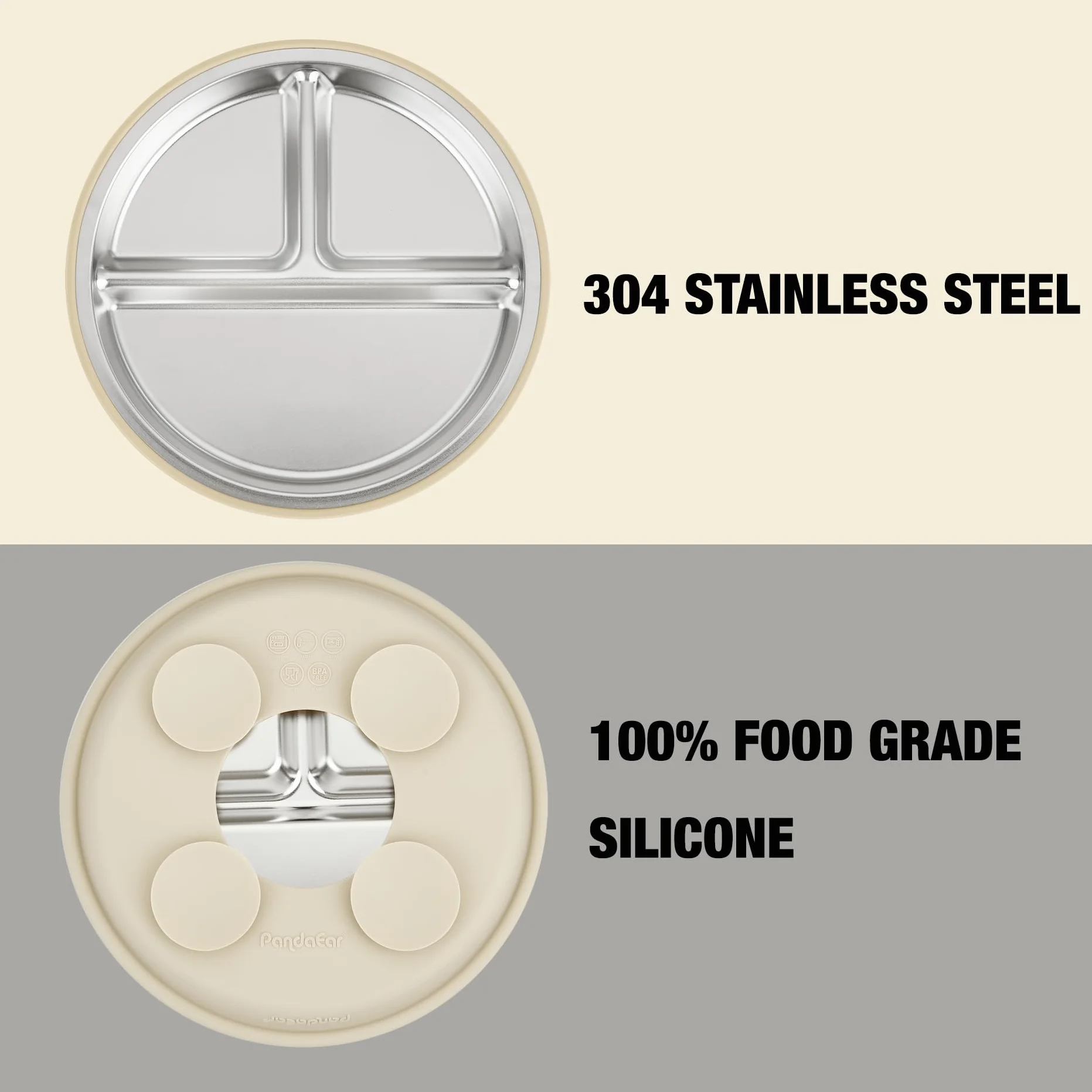 PandaEar Set de 2 Platos de Acero Inoxidable con Ventosa para Bebé y Set de 2 Cucharas y Tenedores, Utensilios para Bebé, Platos Divididos para Alimentación Autónoma, Sin BPA (Beige/Nogal)