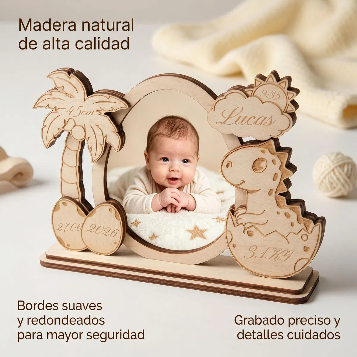 Marco de Foto de Madera Personalizado Bebé, Recuerdo de Bautizo y Nacimiento, Marco Grabado con Nombre Fecha y Datos de Nacimiento, Decoración Habitación Infantil Regalo Original (Modelo 5)