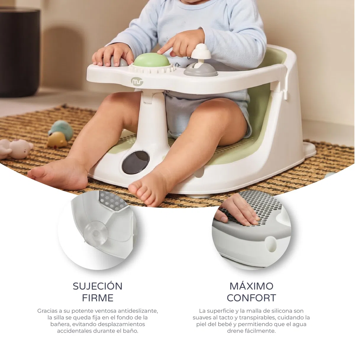 MS BabyWorld Asiento infantil de Ducha para Bebe Antideslizante para niños con TEMPERATURA de 6 a 24 meses, Silla para Bañera o Ducha con Barra para una facil colocacion del bebe (Verde) (Gris)