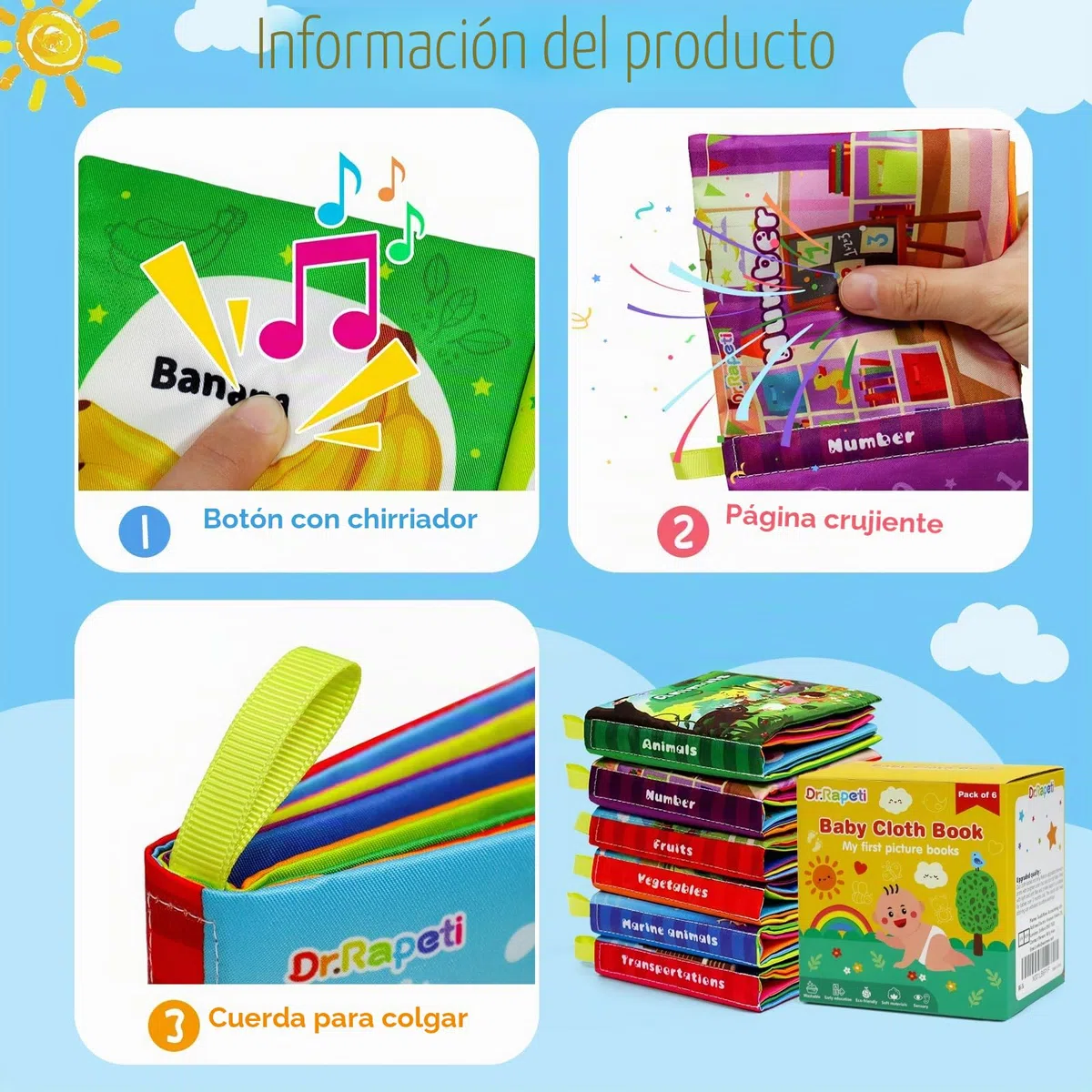 Dr.Rapeti 6 Piezas Libros Blandos para Bebé, Libro de Tela Suave, Libros de Tela Blandos para Bebé, Libros De Suave Sensoriales