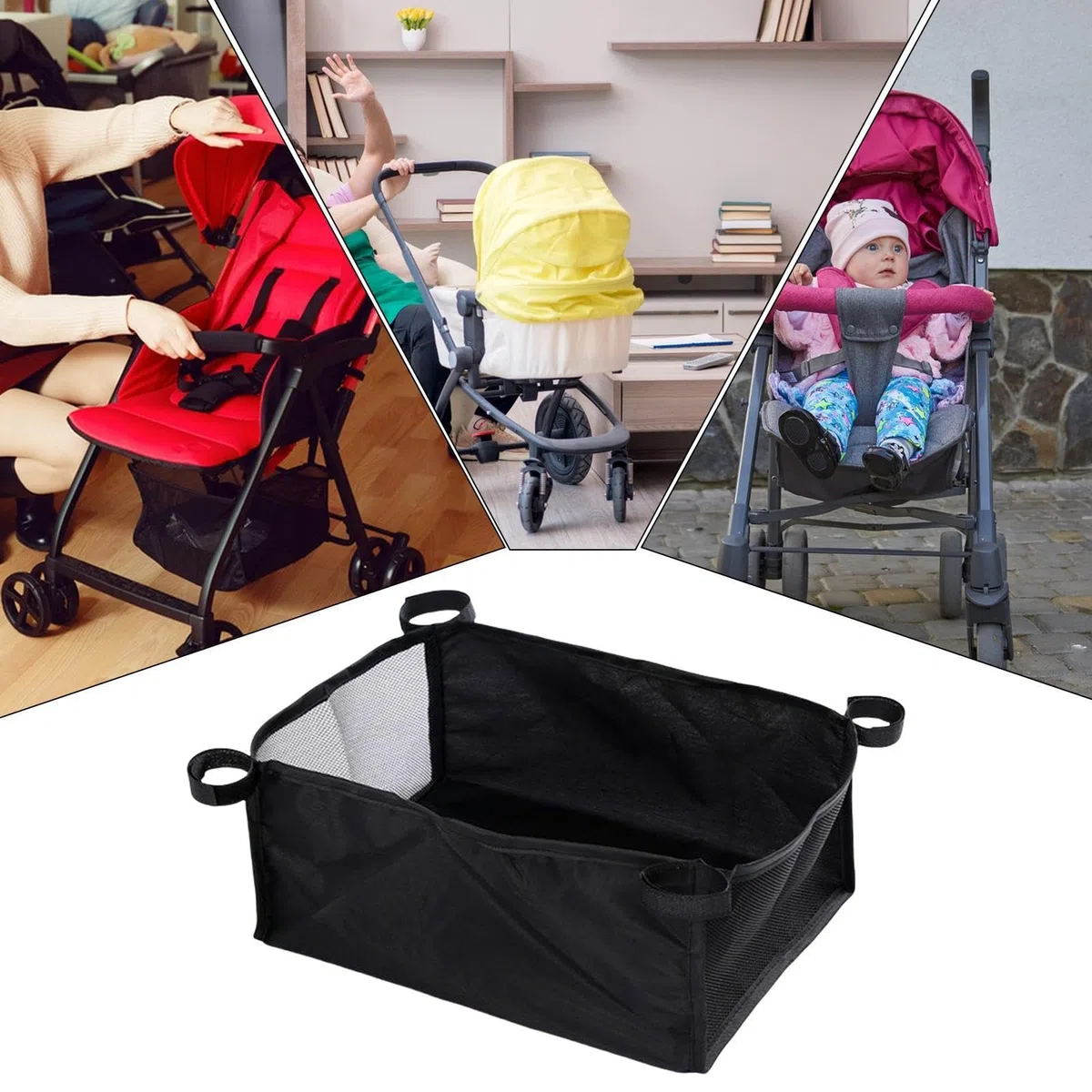 Cesta debajo del cochecito, Cesta inferior del cochecito, Organizador debajo del cochecito, Red inferior de malla portátil, tela Oxford de almacenamiento debajo del cochecito para cochecitos de bebé