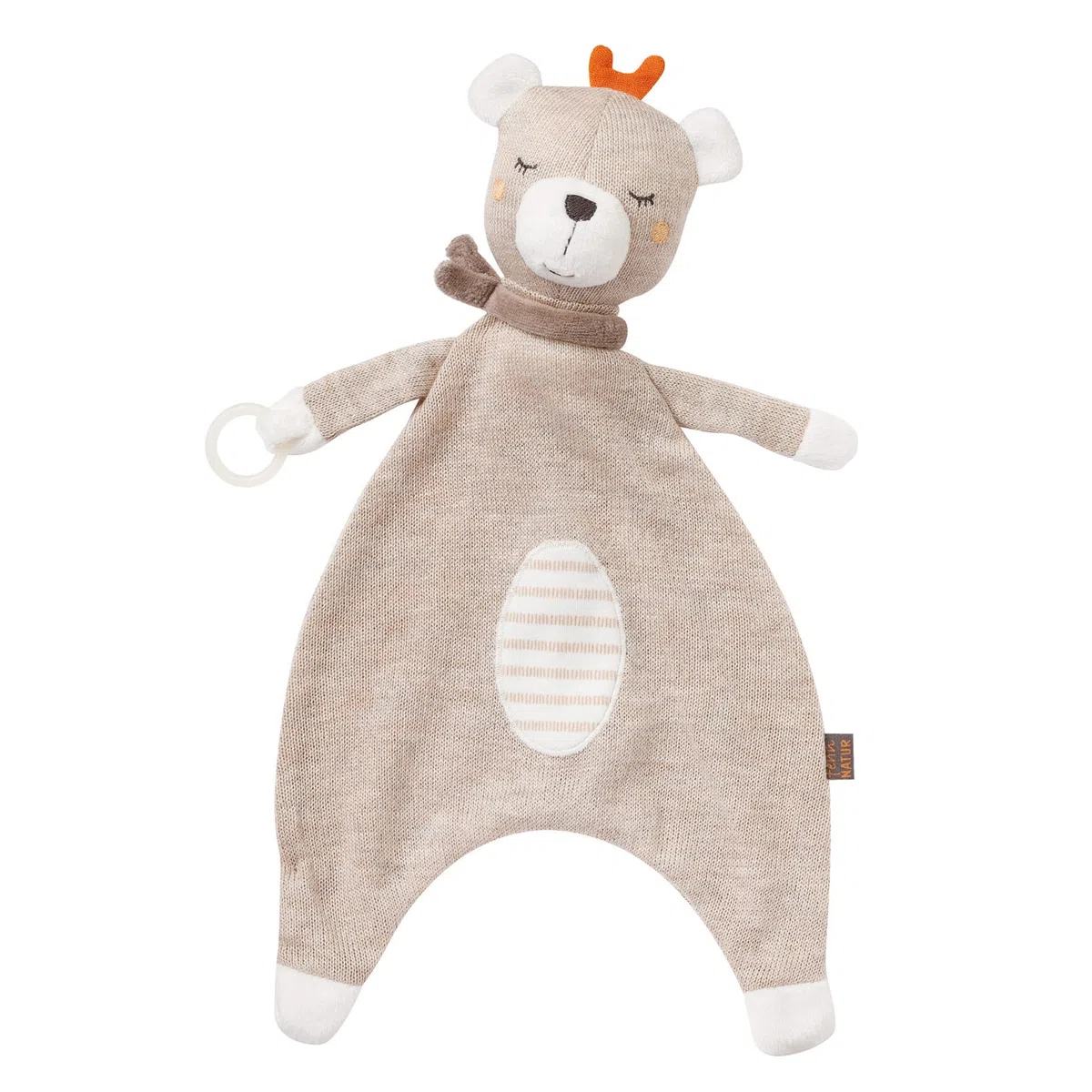 Fehn 052053 Schmusetuch Teddy fehnNATUR–Spielkamerad&Stofftier-Schnuffeltuch aus zertifizierter Bio-Baumwolle(KBA) aus nachwachsenden Rohstoffen mit Schnuller-Befestigung für Babys&Kleinkinder, Braun