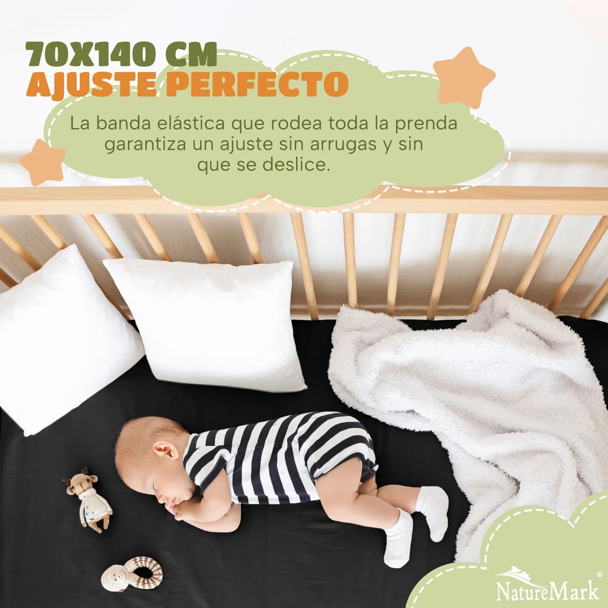 NatureMark Juego de 2 sábanas bajeras ajustables para niños, 100% algodón, para cuna y cuna, 70 x 140 cm, color negro