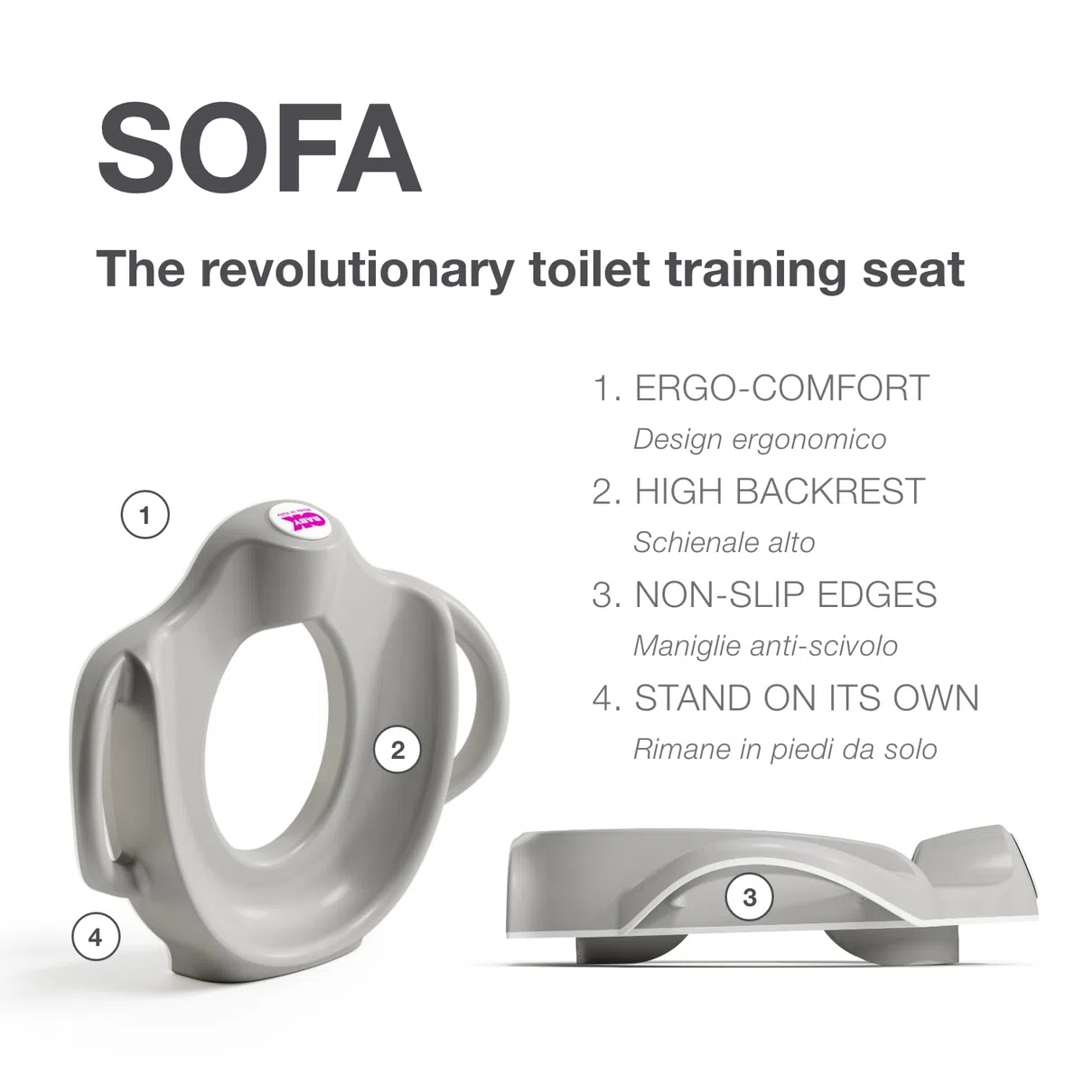OKBABY Sofa - Asiento reductor de WC con bordes antideslizantes - Asas Anchas y Elevadas para la Máxima Estabilidad al Niño - Gris