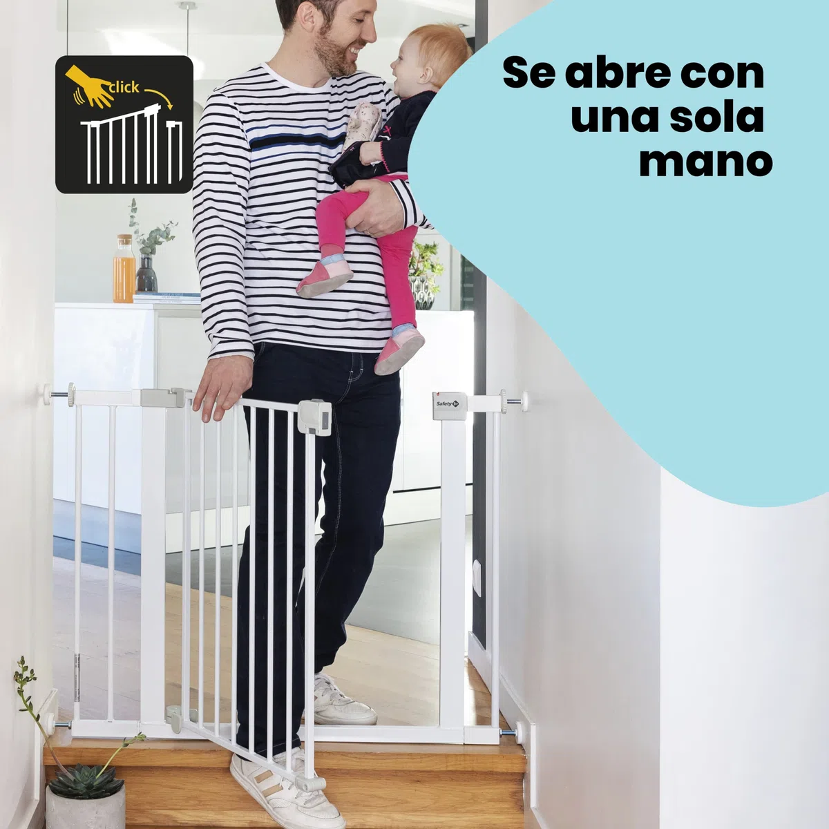 Safety 1st Auto Close, Barrera Seguridad Niños Escalera a Presión, 73–80cm (máx. 136cm), Valla Seguridad Infantil Automática, Apertura Una Mano, Sin Tornillos (Sin Taladros), Doble Bloqueo, Blanca