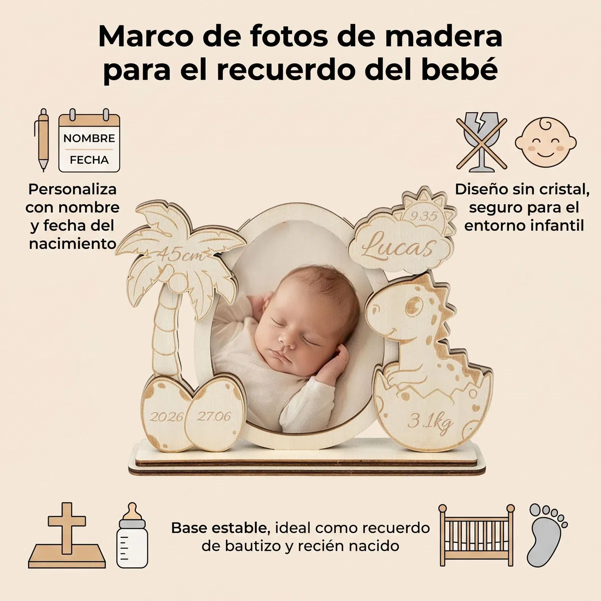 Marco de Foto de Madera Personalizado Bebé, Recuerdo de Bautizo y Nacimiento, Marco Grabado con Nombre Fecha y Datos de Nacimiento, Decoración Habitación Infantil Regalo Original (Modelo 5)