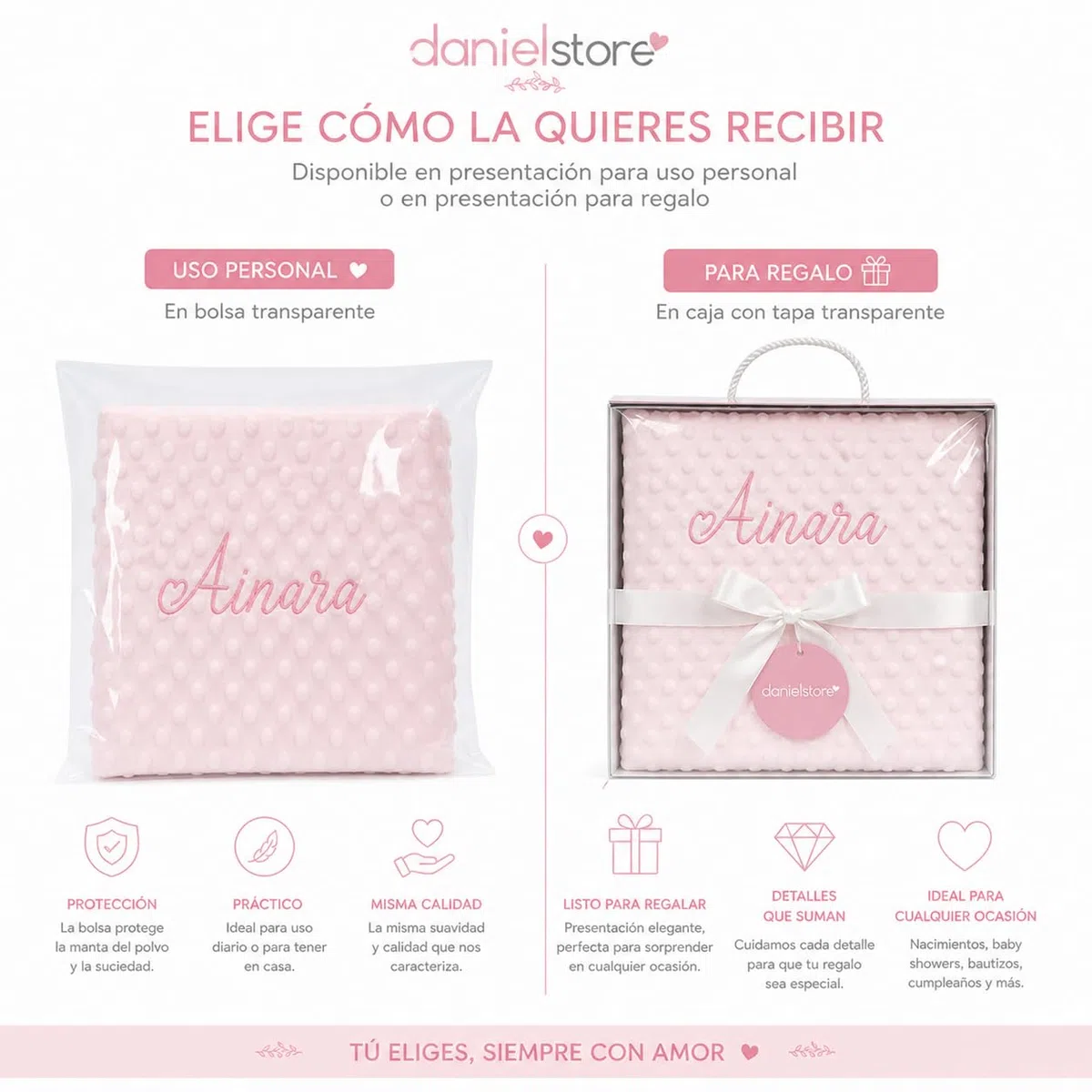 Danielstore Manta Bebé Personalizada Bordada 80x110 cm – Manta Minky Topitos Extra Suave para Cuna, Minicuna y Carrito – Arrullo para Recién Nacido – Regalo Baby Shower