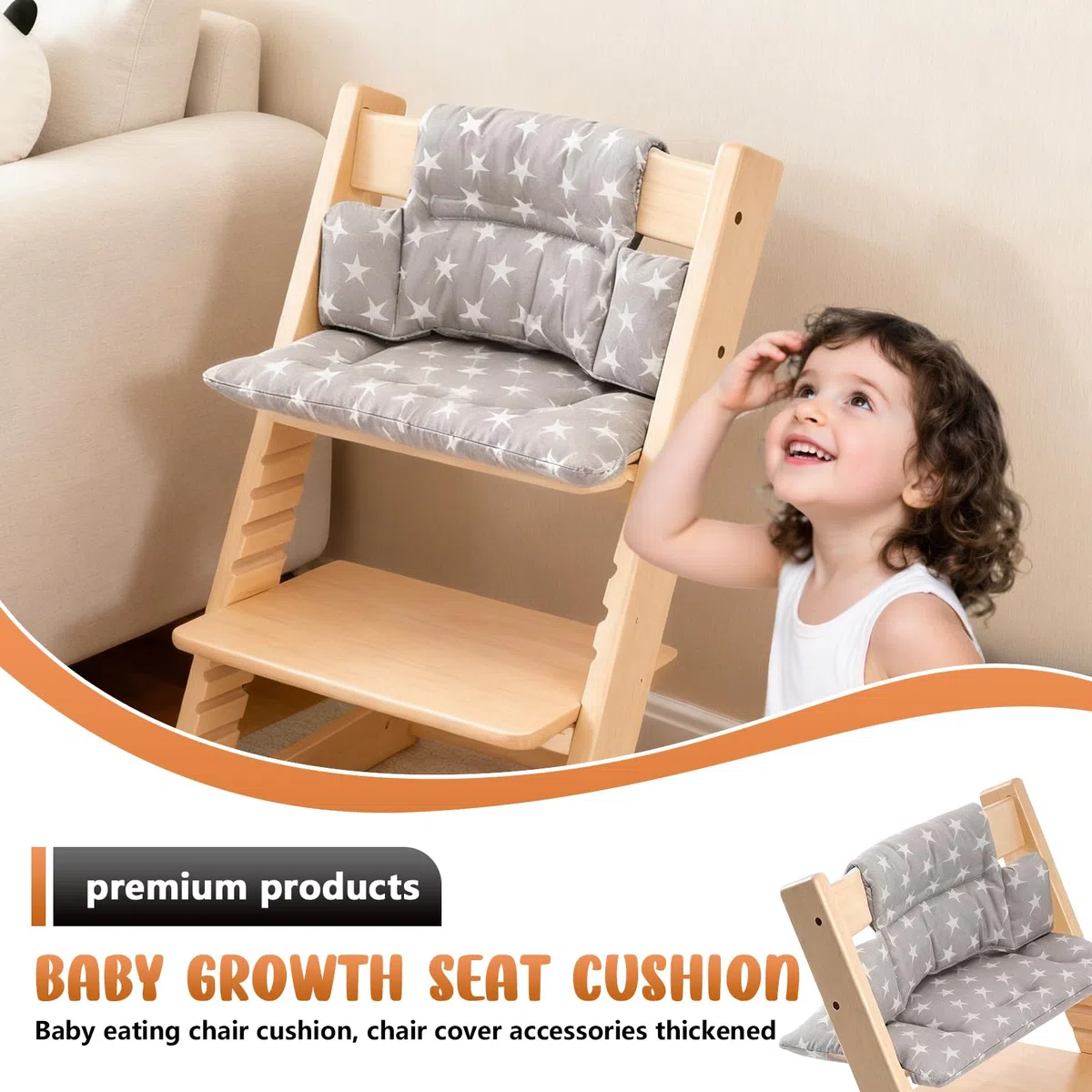 Cojín de asiento GOEDCH para trona Stokke Tripp Trapp: Cojín para trona Stokke Tripp Trapp con cierre de velcro suave y cojín de asiento extraíble de algodón orgánico suave (gris, pentagrama).