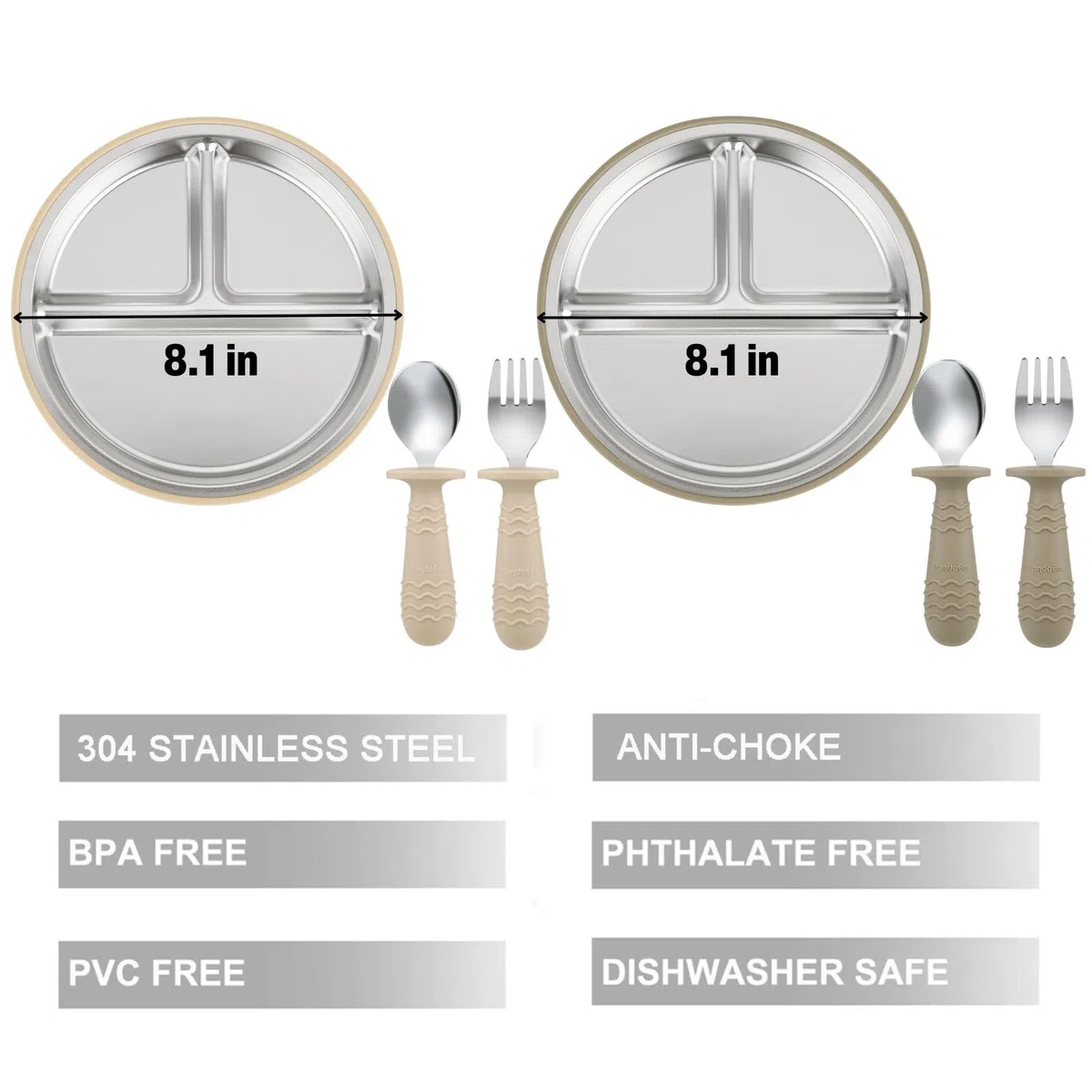 PandaEar Set de 2 Platos de Acero Inoxidable con Ventosa para Bebé y Set de 2 Cucharas y Tenedores, Utensilios para Bebé, Platos Divididos para Alimentación Autónoma, Sin BPA (Beige/Nogal)