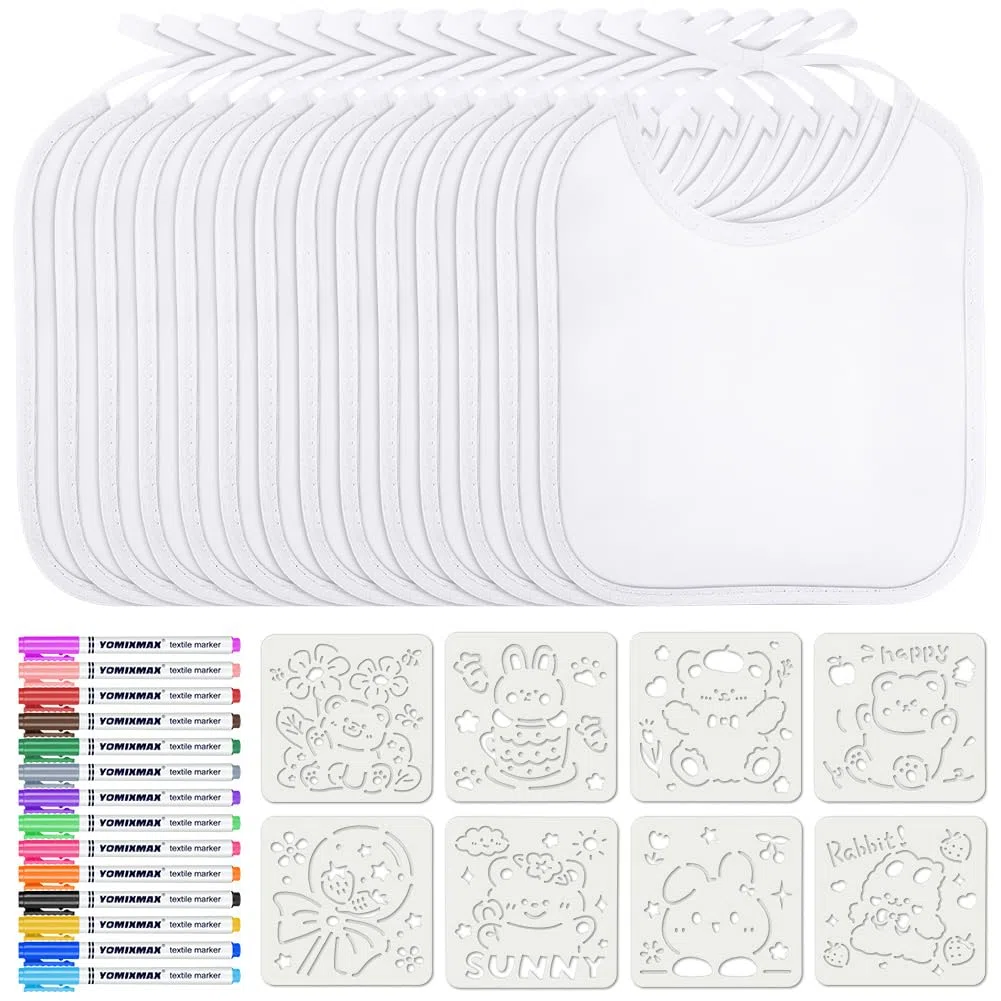 Aolso Baberos para pintar – Juego de 14 piezas, impermeables, color blanco, 14 bolígrafos y 8 plantillas, babero (20 x 24 cm)