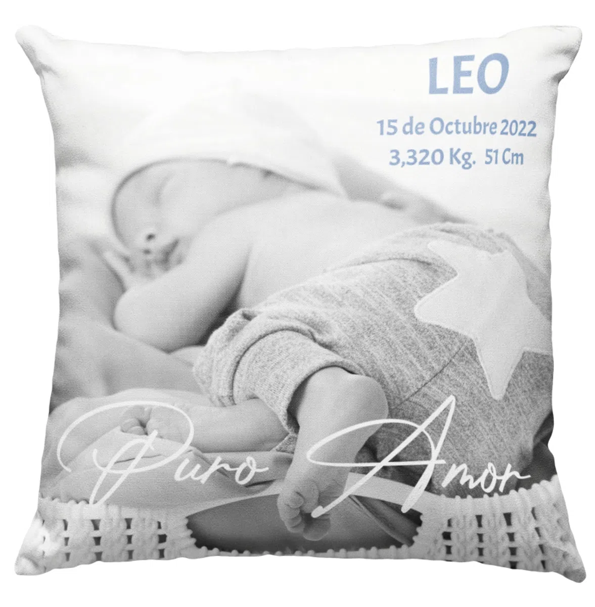 Cojín Nacimiento Personalizado Puro Amor Frente y Dorso con Foto del bebé y Datos. NIÑAS-NIÑOS, Regalo Original – Cojín Natalicio para recién Nacidos – Bautizo - Regalo Original.