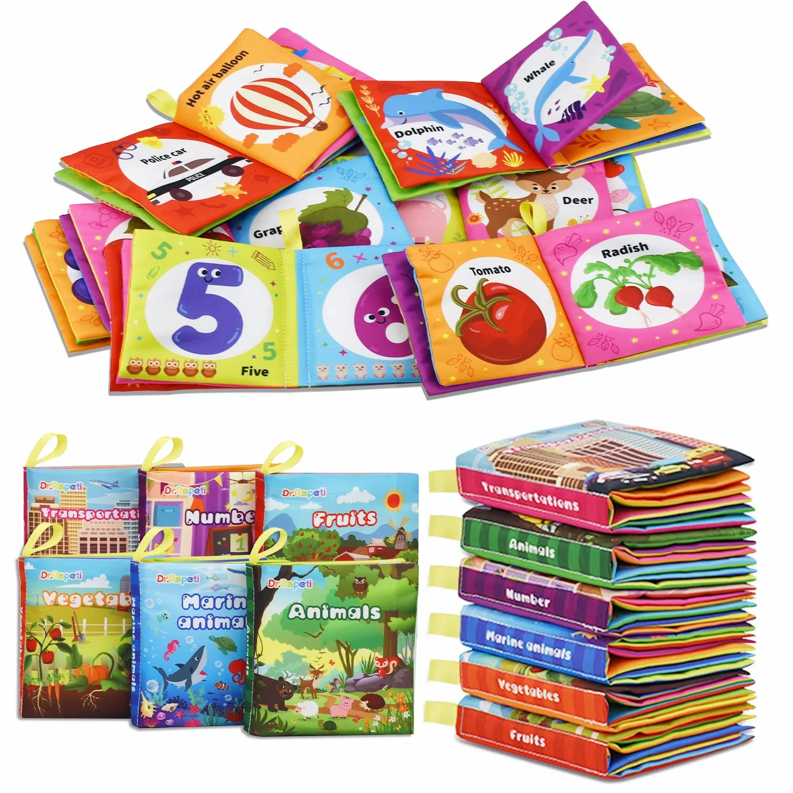 Dr.Rapeti 6 Piezas Libros Blandos para Bebé, Libro de Tela Suave, Libros de Tela Blandos para Bebé, Libros De Suave Sensoriales