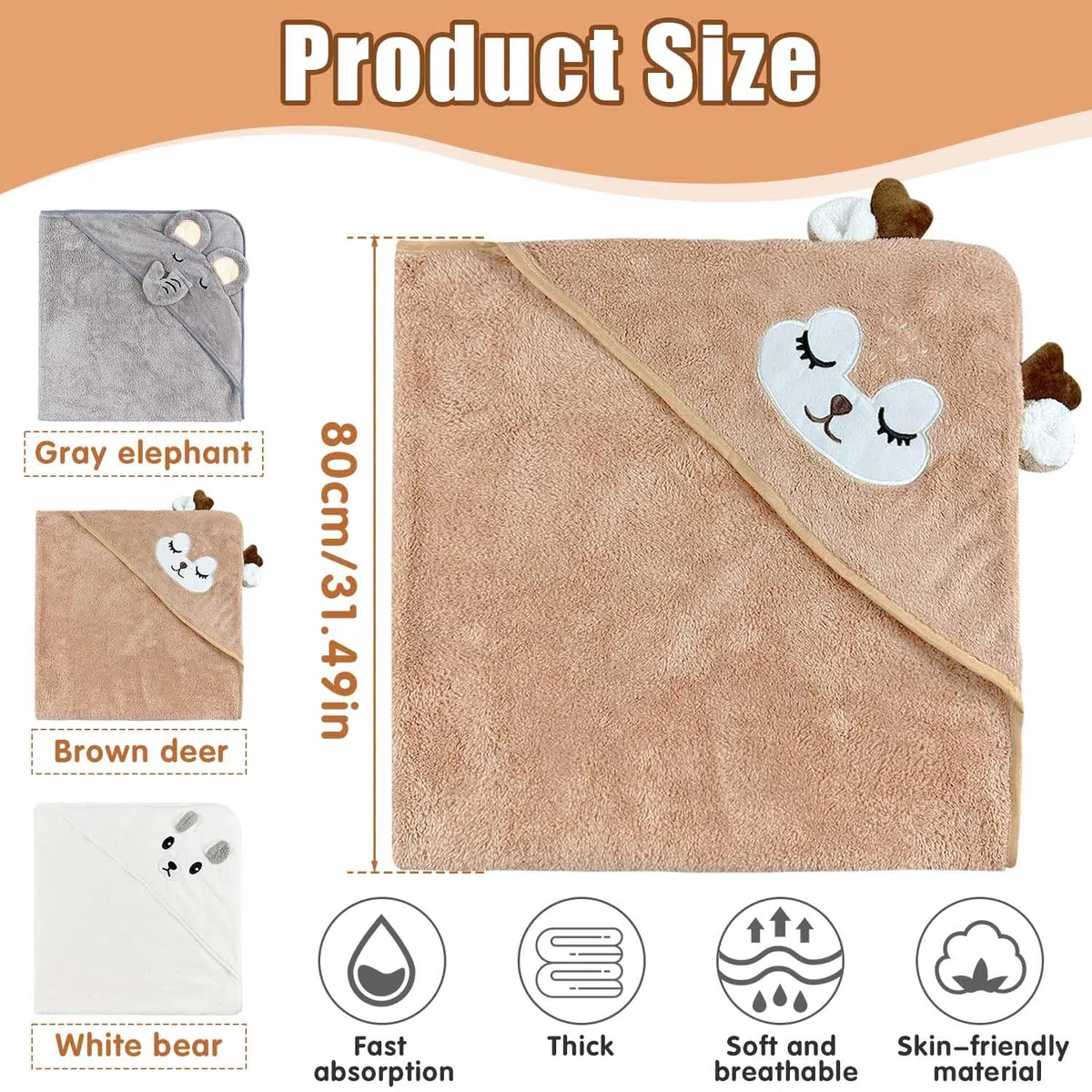 Toalla Baño Bebe, 3 Piezas Suaves y Cómodas, Súper Absorbentes, Capa de Baño para Piscina, Playa, Después de Ducharse o Bañarse (80X80 cm)