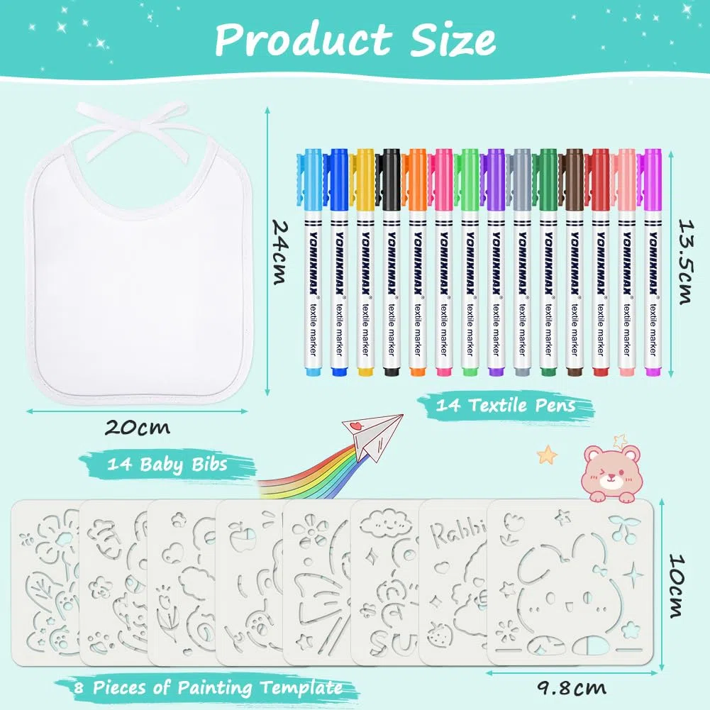Aolso Baberos para pintar – Juego de 14 piezas, impermeables, color blanco, 14 bolígrafos y 8 plantillas, babero (20 x 24 cm)