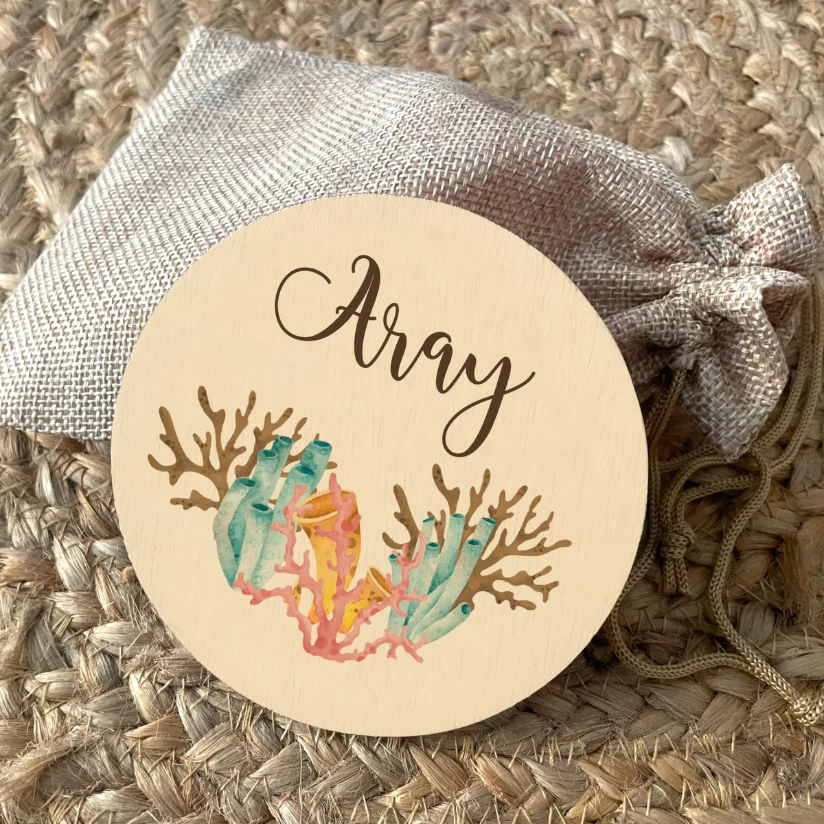 Placas cumple meses de nacimiento impresas en discos de madera personalizadas con nombre para regalo de bebes recien nacidos hitos mensuales de madera (Oceano Verde Agua)