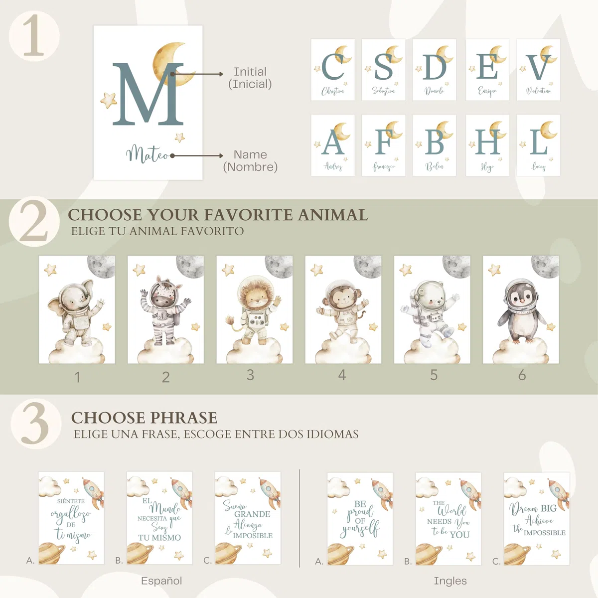 ayurvana: Set 3 Láminas Personalizadas con Nombre - Decoración Infantil | Cuadros estilo nórdico, láminas A3 personalizadas. Se envían SIN MARCO. Regalo ideal para nacimiento o baby shower original.