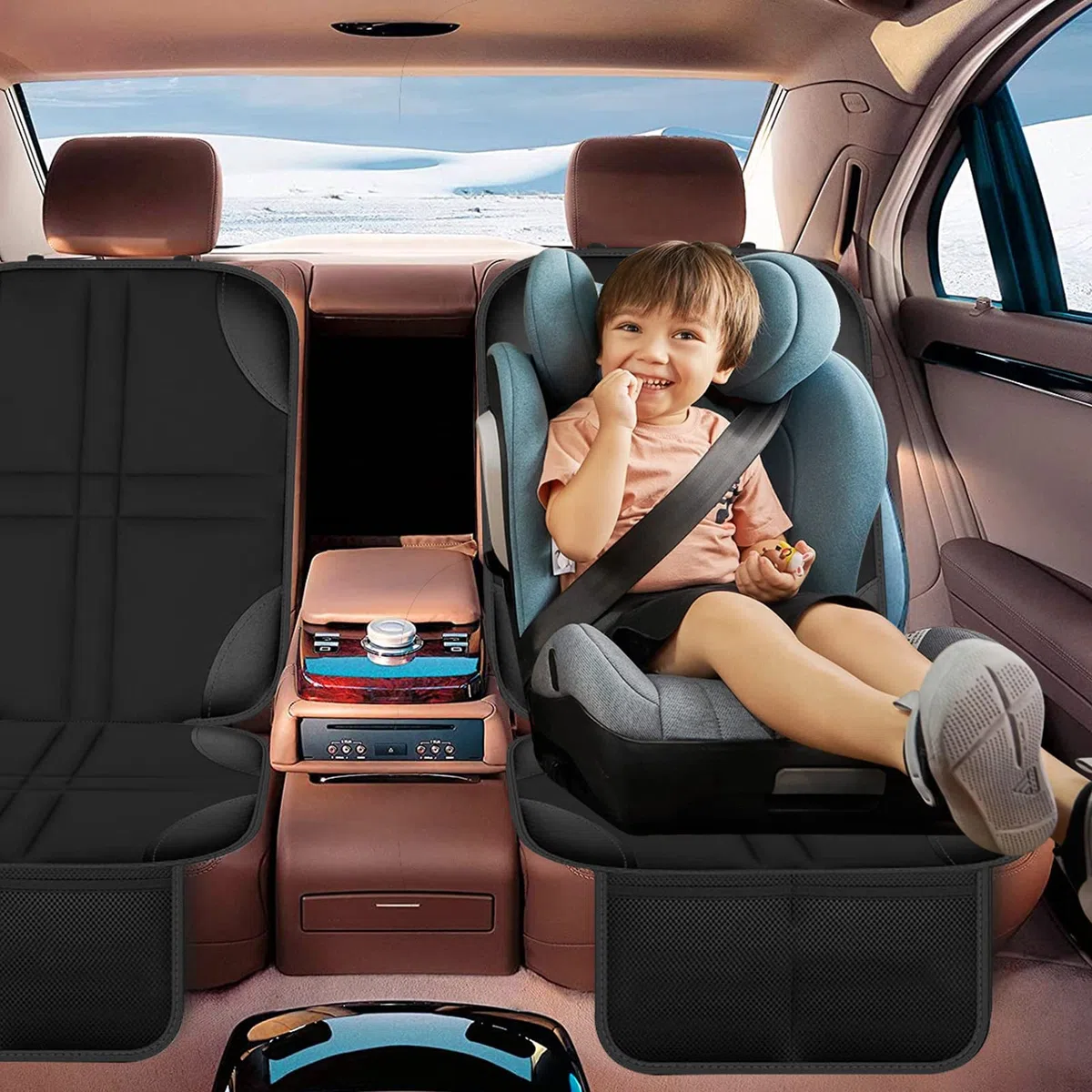 2 Piezas Protector Asiento Coche Silla Bebe, Universal Funda Coche Asiento Compatible Isofix con Organizador Bolsillos, Antideslizante Impermeable Protector Seguro para Asiento Infantil