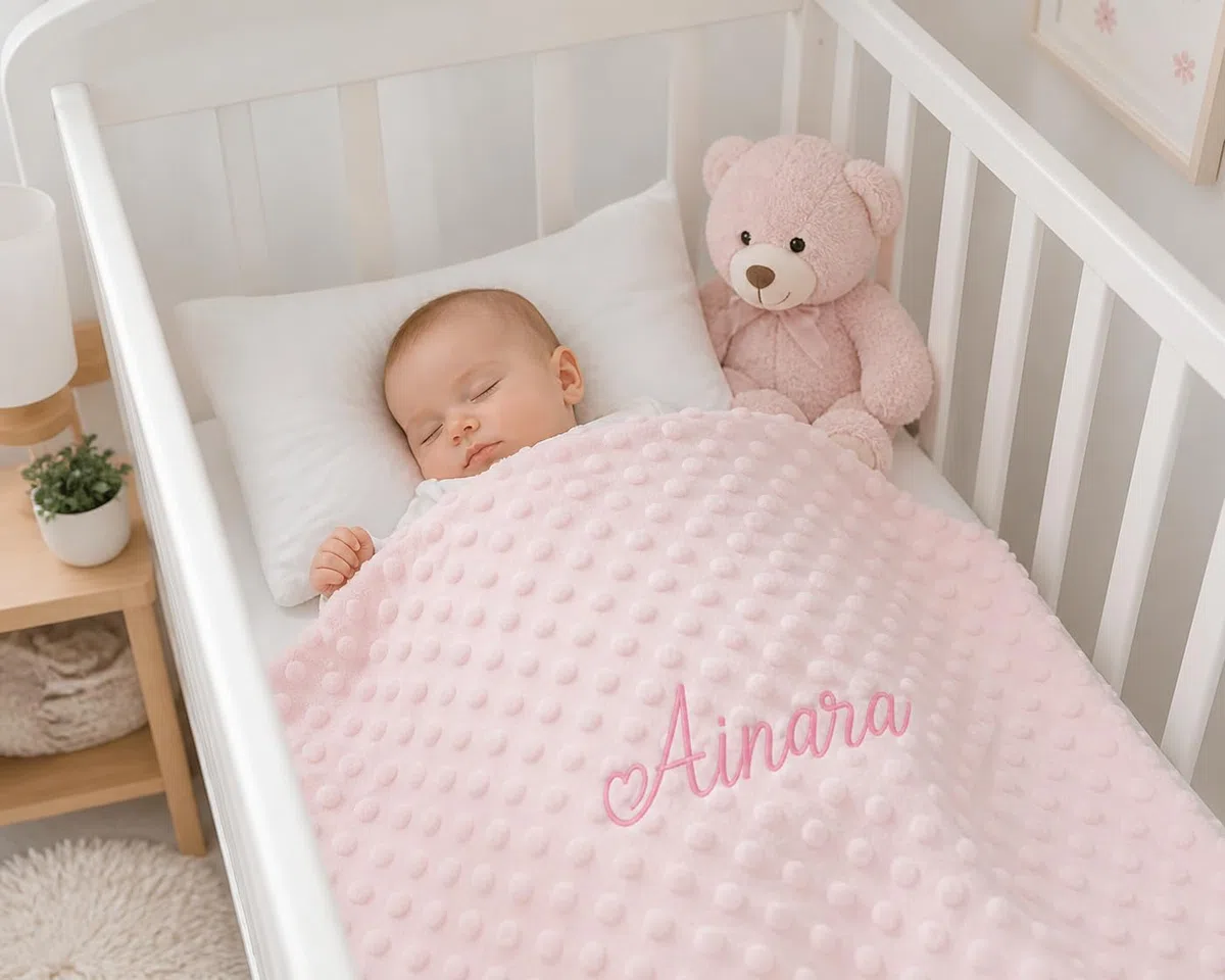 Danielstore Manta Bebé Personalizada Bordada 80x110 cm – Manta Minky Topitos Extra Suave para Cuna, Minicuna y Carrito – Arrullo para Recién Nacido – Regalo Baby Shower
