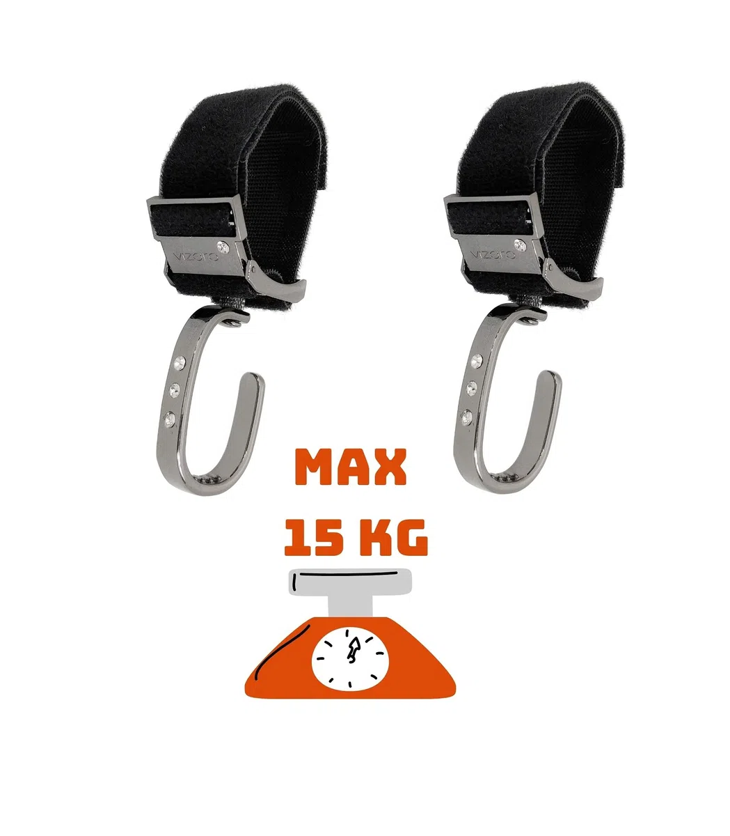 Ganchos Carro Bebé Luxe Titanium by Vizaro - 2 uds - Para Colgar Bolsas, Mochilas, etc - Alta Resistencia Hasta 15kg Peso y Giro 360º - Incluye Correa de Repuesto - Regalo Original Recién Nacido