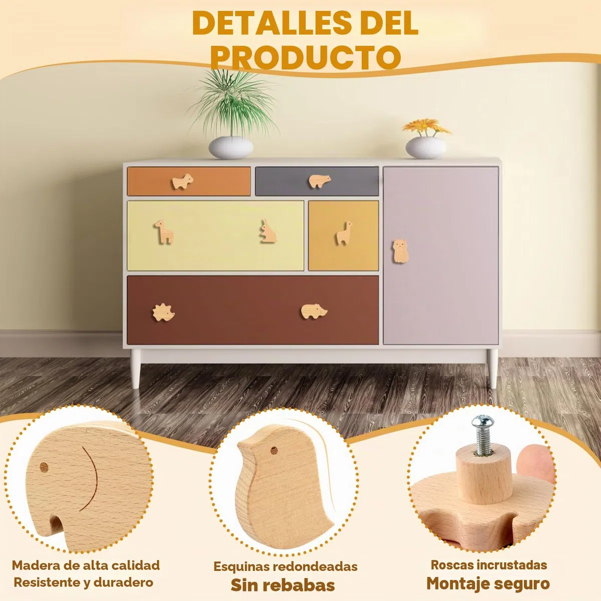 12 PCS Tiradores Cajones, Pomos y Tiradores Infantiles Madera, Pomos de Armario con Tornillos, Tiradores de Madera para Cajones, Armarios, Cómodas, Bebe Habitacion