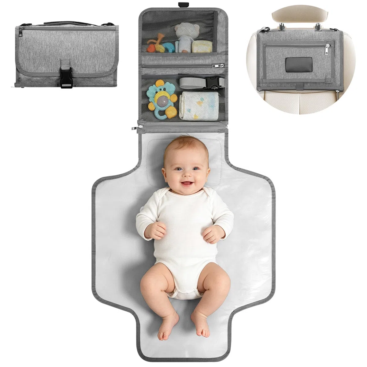 VINATO Cambiador Bebé Portátil, Cambiador Bebe Plegablee con Bolsillo Toallitas Húmedas, 70 x 56 cm, con 5 Bolsillos, Diseño Desmontable, Impermeable y Lavable para Viajes (Gris)
