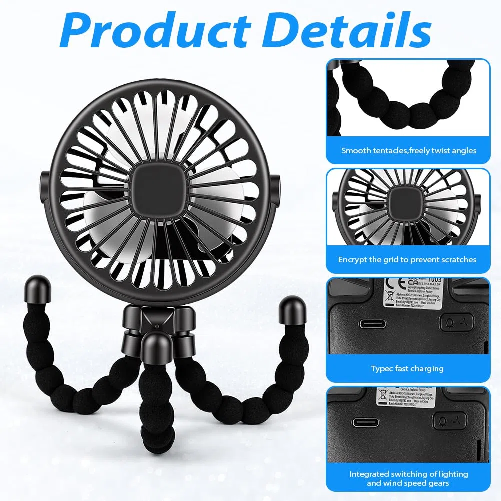 Vicloon Ventilador Portátil para Cochecito, Soporte Flexible para Trípode, Mini Ventilador Portátil con Uno Luces y 3 Velocidades, para Cochecito, Cuna,Oficina, Viaje(Negro)