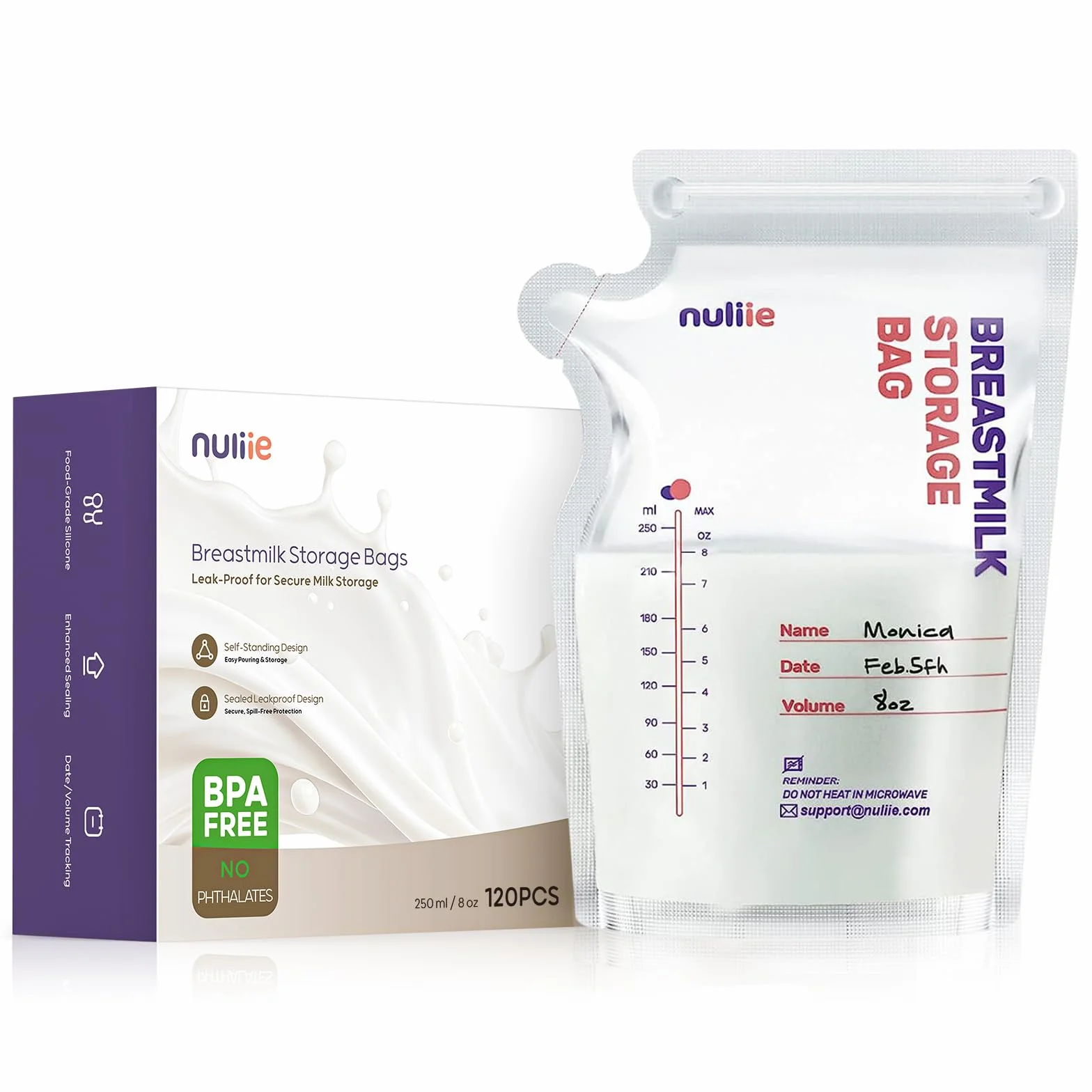 Nuliie 120 Uds Bolsas Almacenamiento de Leche Pre-esterilizadas, 250ml Bolsa Para Leche Materna con Boquilla Dispensadora, Libre de BPA, Bolsa Auto-Portante, Ahorro de Espacio