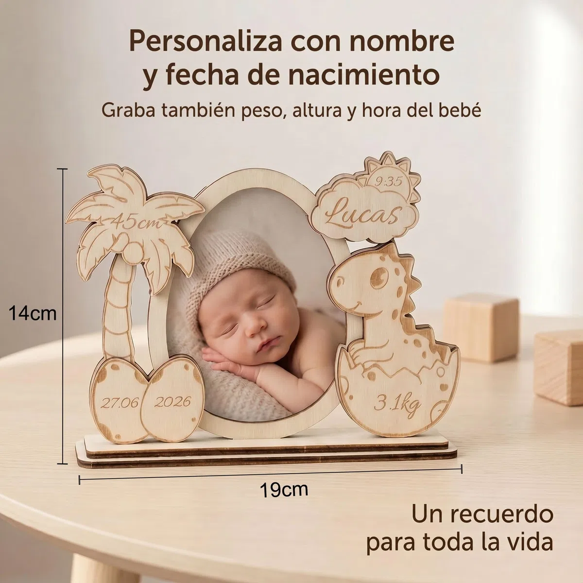 Marco de Foto de Madera Personalizado Bebé, Recuerdo de Bautizo y Nacimiento, Marco Grabado con Nombre Fecha y Datos de Nacimiento, Decoración Habitación Infantil Regalo Original (Modelo 5)