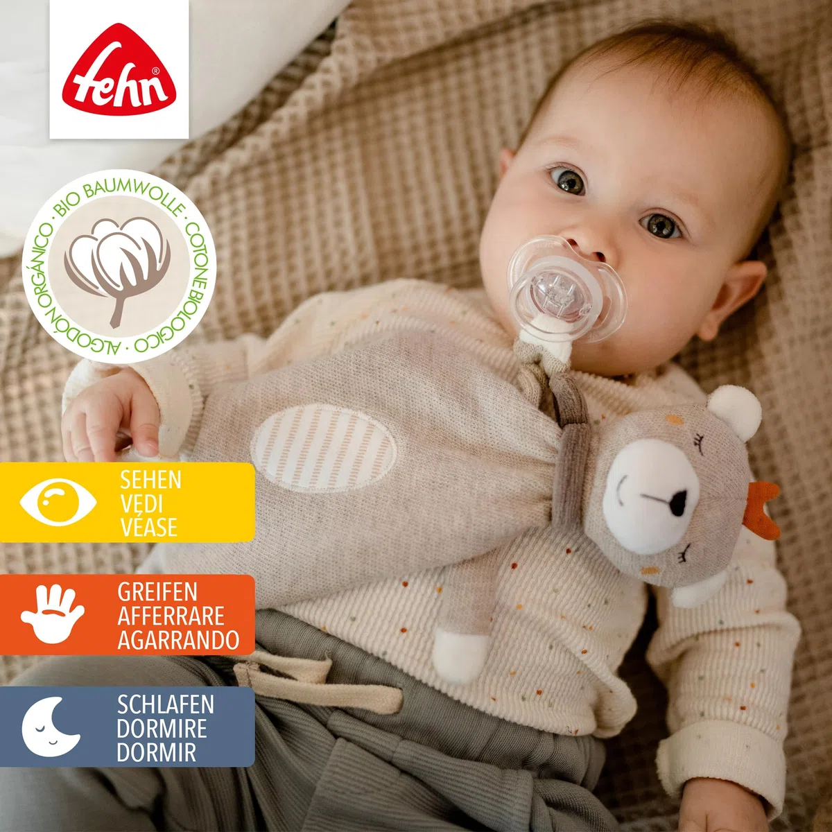 Fehn 052053 Schmusetuch Teddy fehnNATUR–Spielkamerad&Stofftier-Schnuffeltuch aus zertifizierter Bio-Baumwolle(KBA) aus nachwachsenden Rohstoffen mit Schnuller-Befestigung für Babys&Kleinkinder, Braun