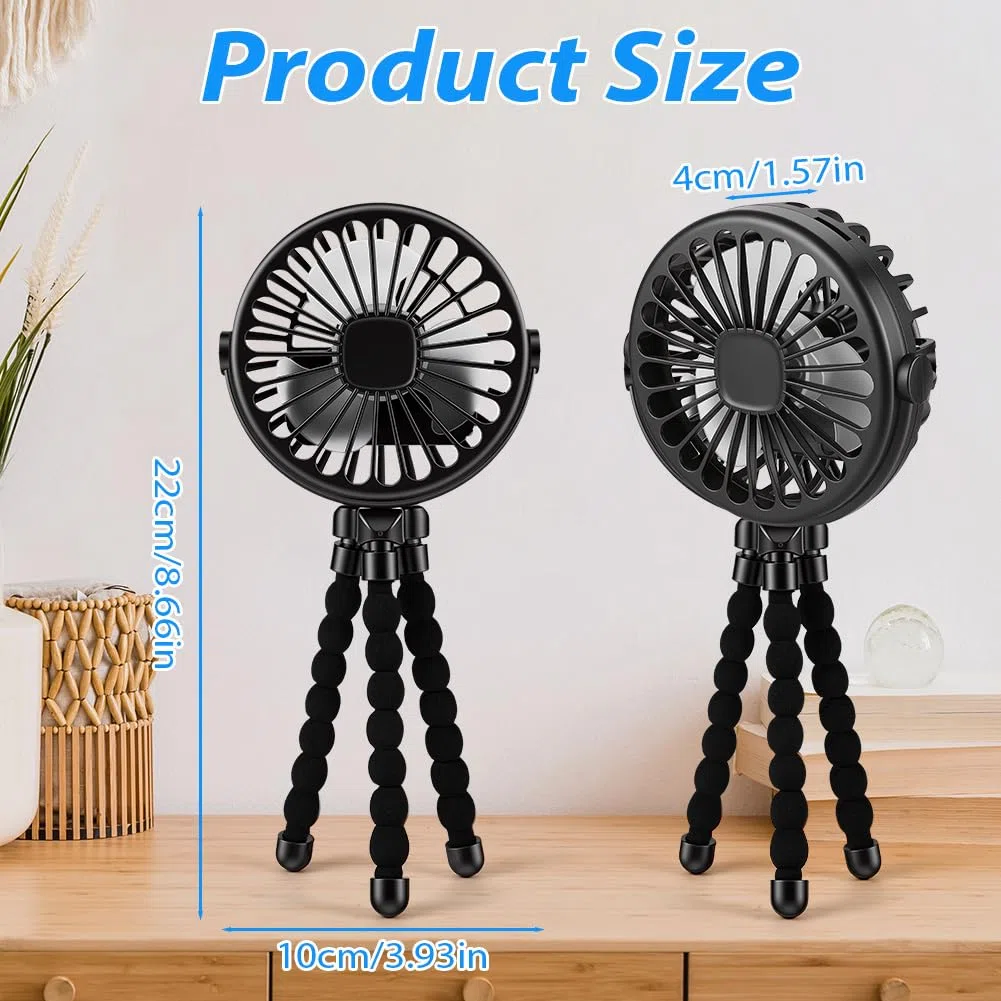 Vicloon Ventilador Portátil para Cochecito, Soporte Flexible para Trípode, Mini Ventilador Portátil con Uno Luces y 3 Velocidades, para Cochecito, Cuna,Oficina, Viaje(Negro)