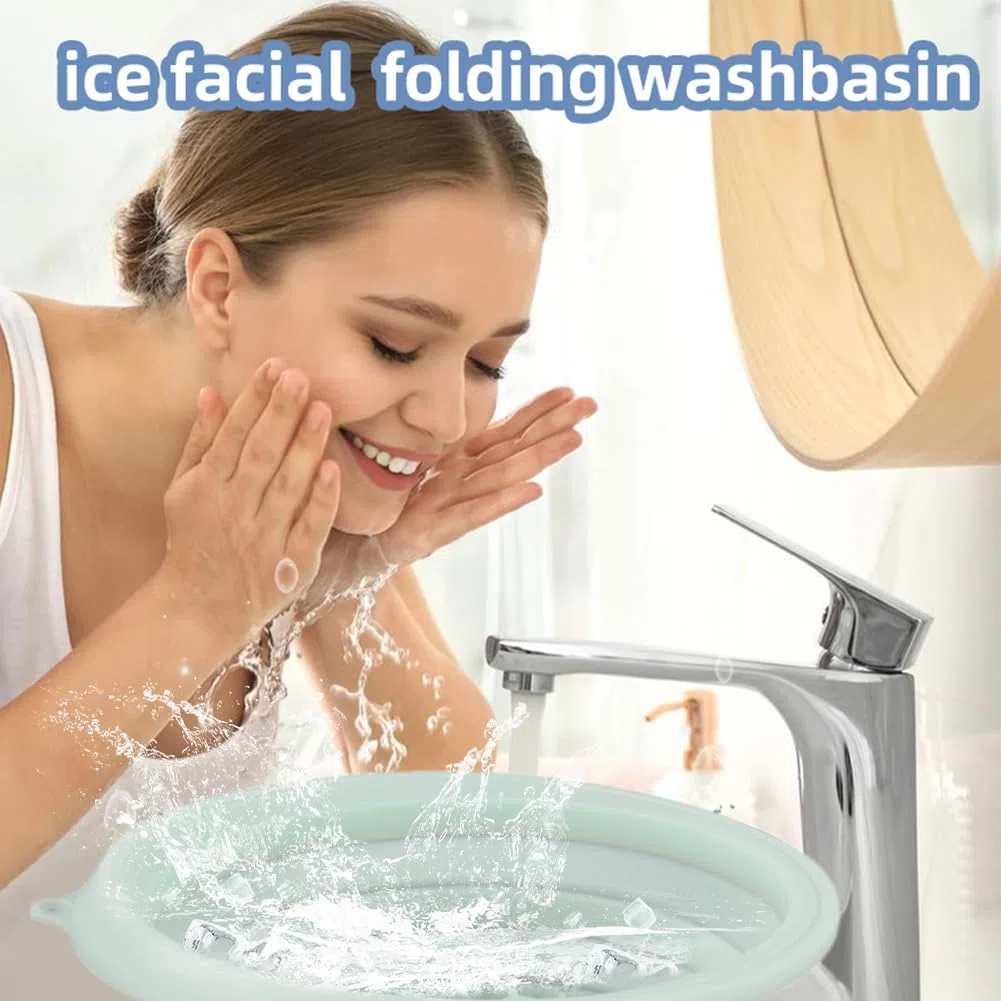 Cuenco facial para hielo, lavabo plegable de silicona con bandeja de hielo integrada, cuenco facial portátil de enfriamiento rápido para aliviar la terapia de frío de la piel