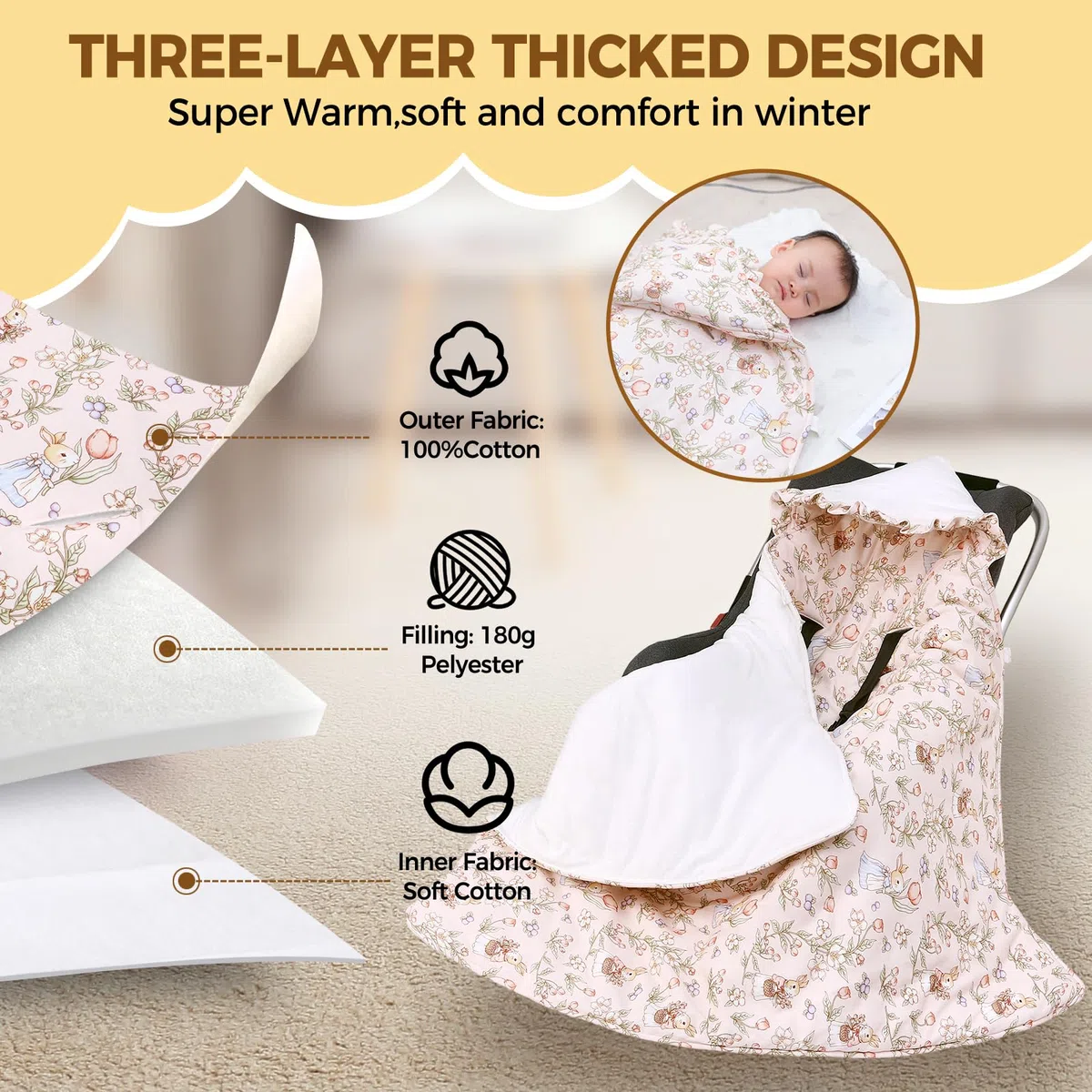 LAT Manta Envolvente Bebe Invierno, 90x90cm Universal Manta Porteo Saco para Silla de Coche, Algodón Universal Saco Capazo Bebe Invierno para Cochecitos Sillas de Paseo Asiento de Coche