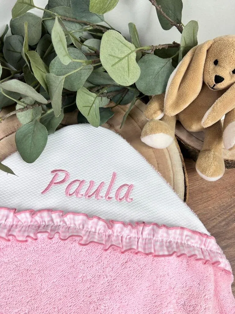 Capa de baño para Bebe 100% Algodon 75x75cm .Toalla de baño con Capucha suabe .Regalo recién Nacido. Multiusos.Personalizado con Nombre Bordado (Personalizado Vichy Rosa)